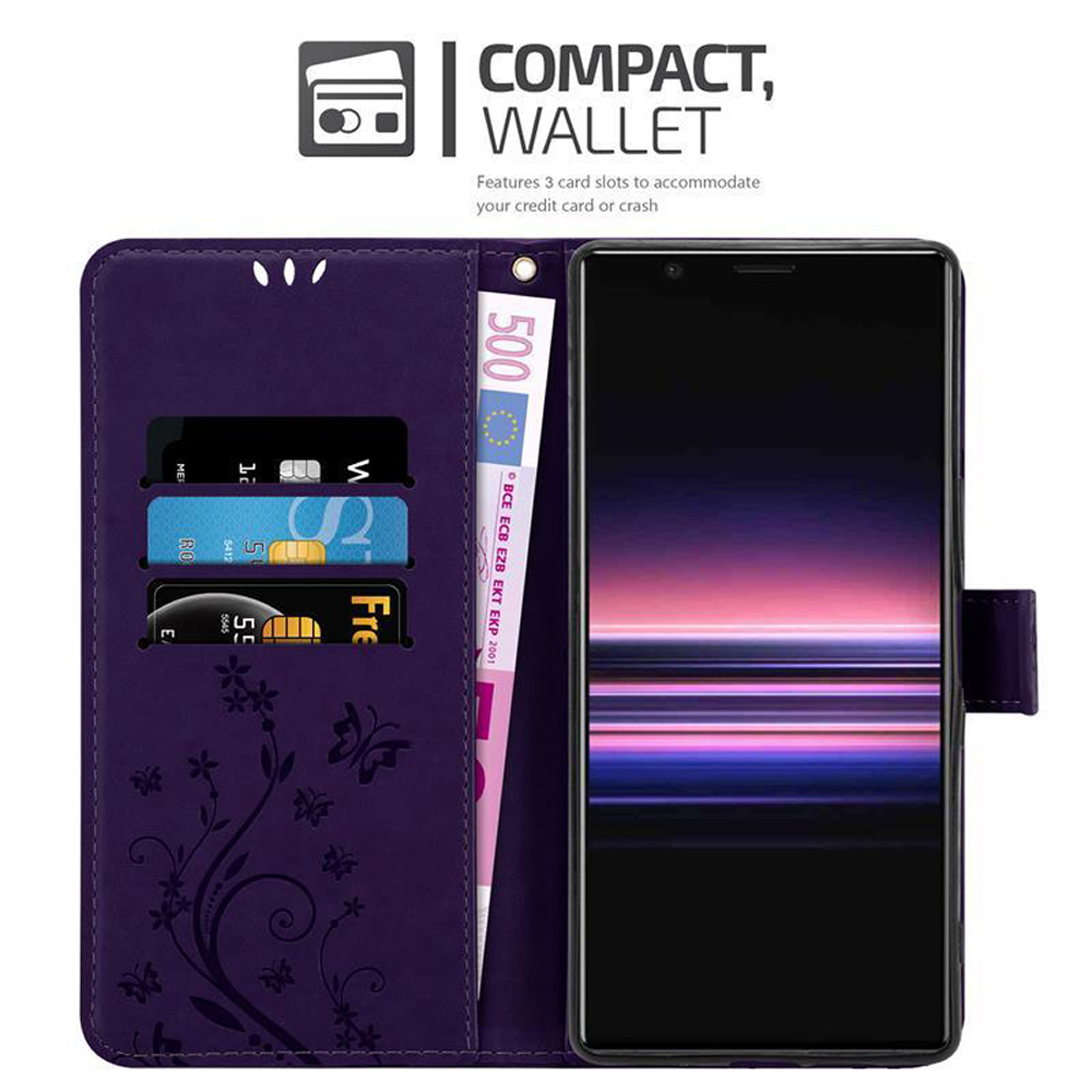 Custodia a portafoglio viola con telefono, carte e denaro. Design floreale e testo: 'Compatto, Portafoglio'.