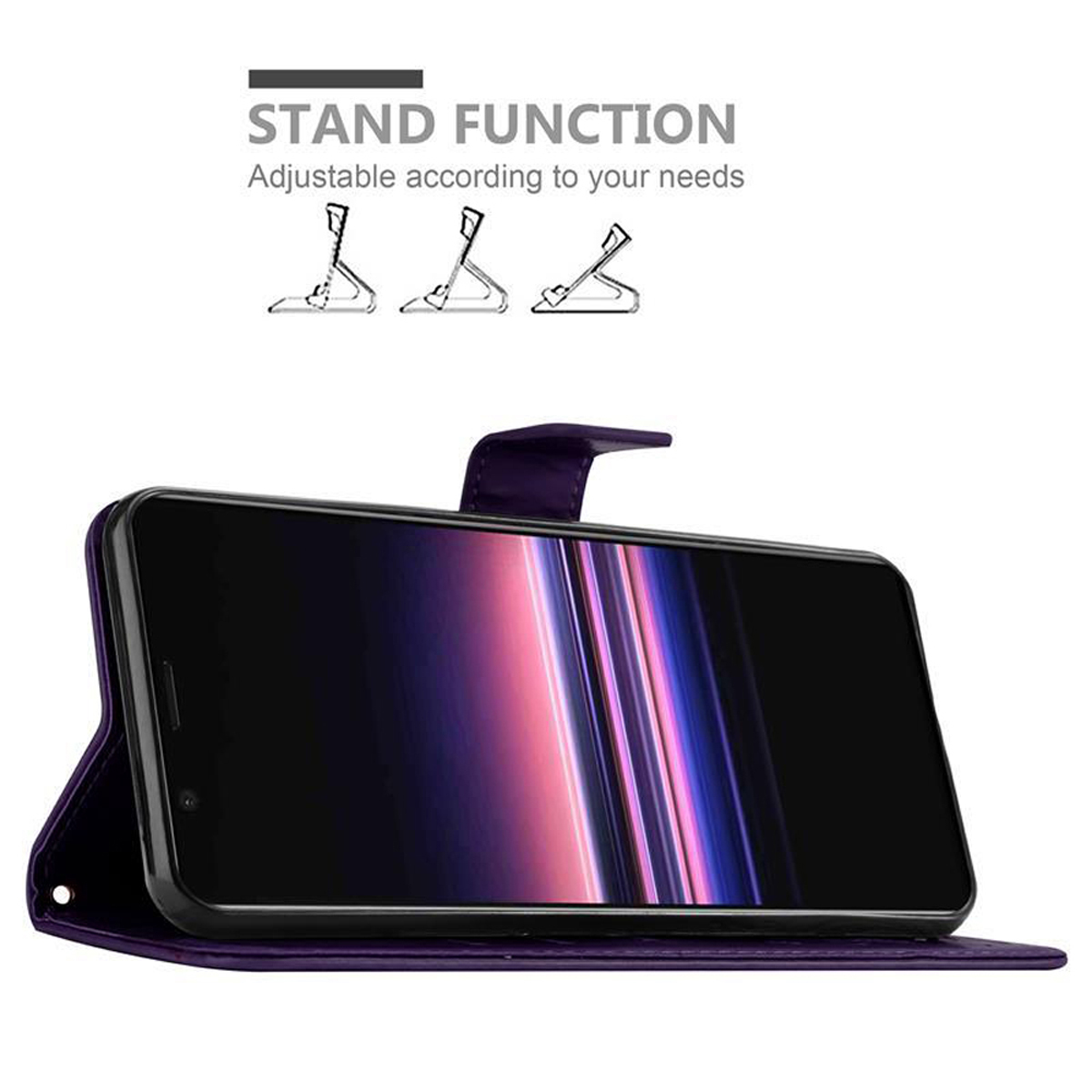 Custodia per telefono viola con telefono, funzione supporto regolabile e testo.
