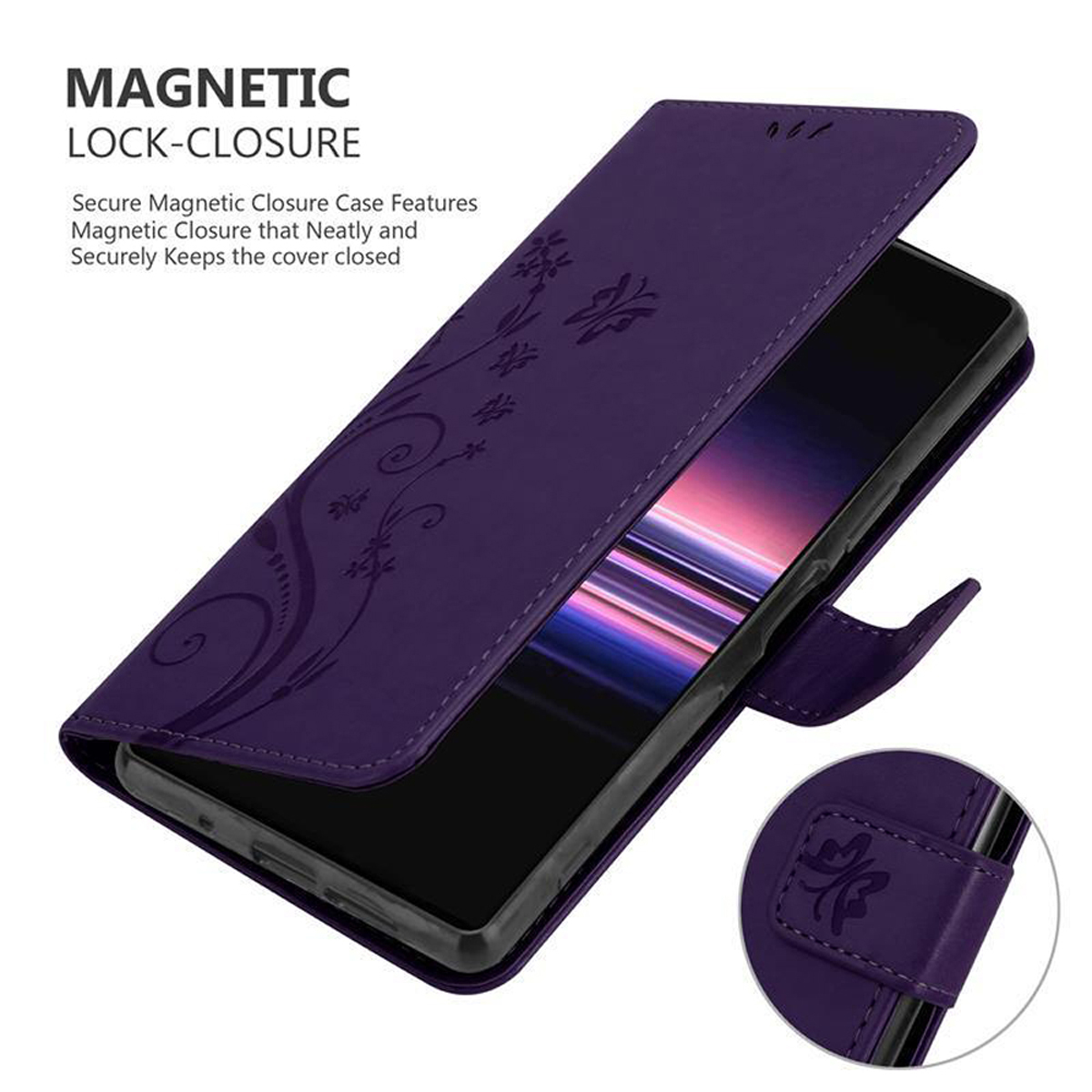 Custodia viola per telefono, aperta, con un telefono all'interno. Testo: Chiusura magnetica.