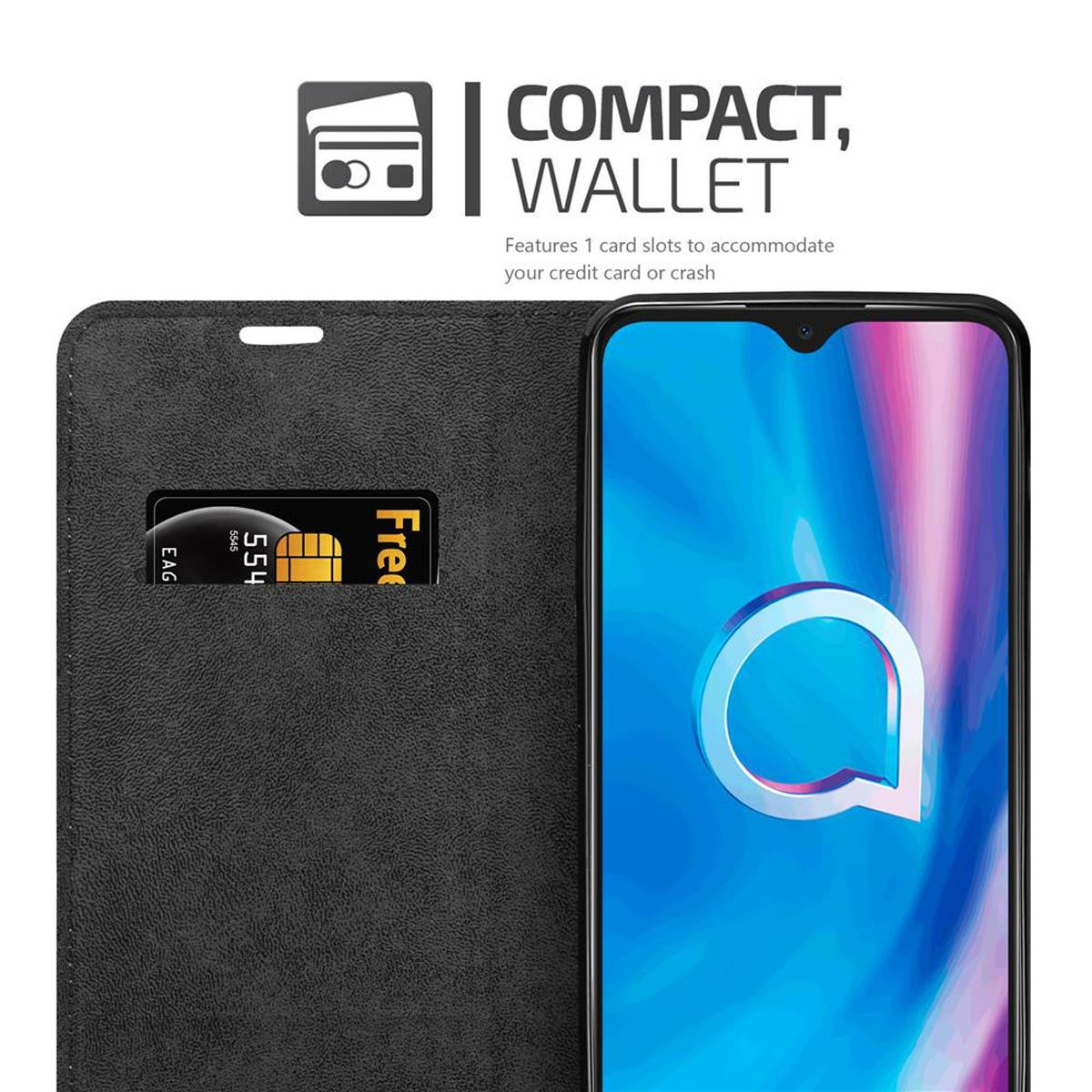 Custodia a portafoglio per telefono nera aperta, che mostra telefono e carta. Testo: Portafoglio compatto. Slot per carte.