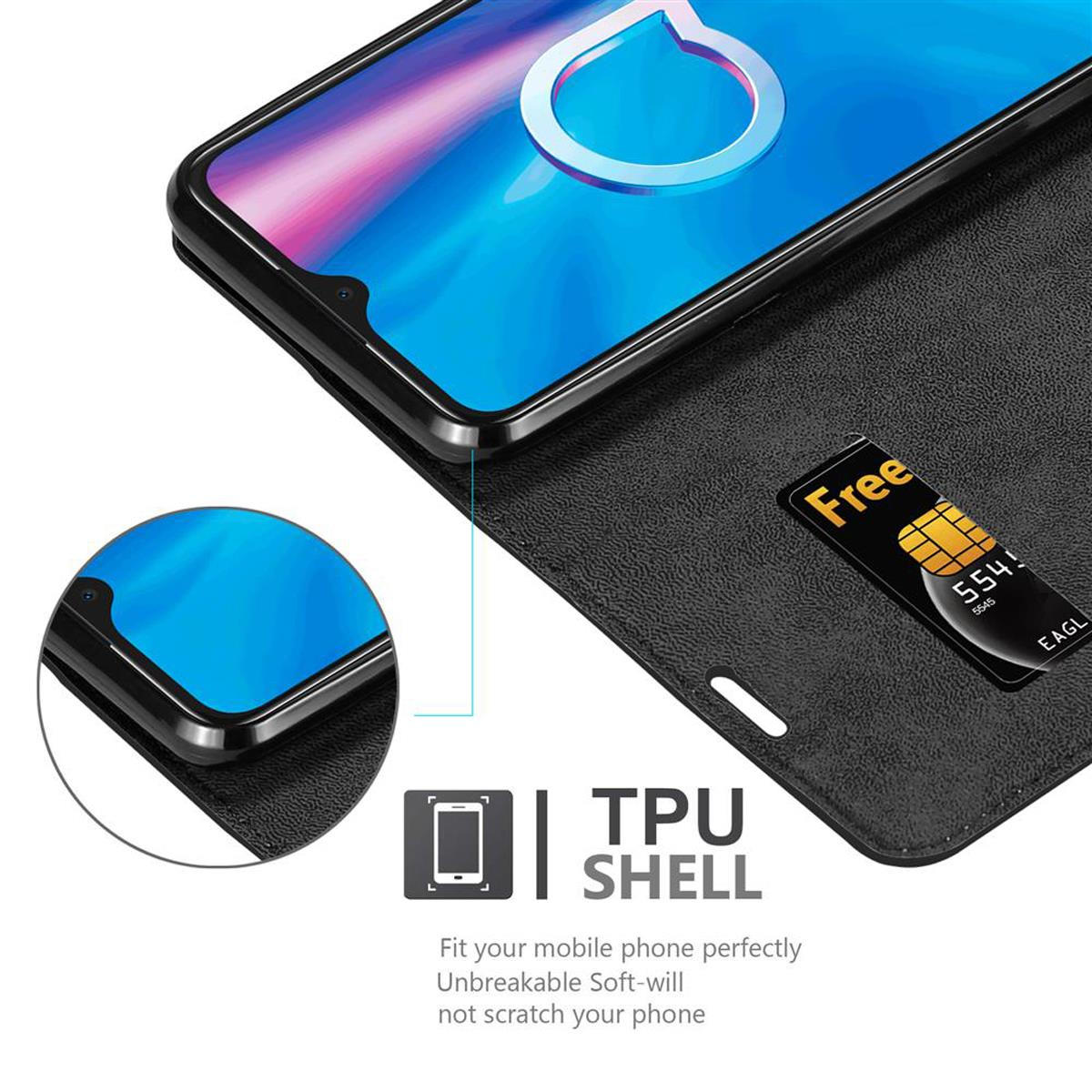Telefono nero in una custodia, aperto. Dispone di un guscio in TPU e una scheda. Lo schermo del telefono è visibile.