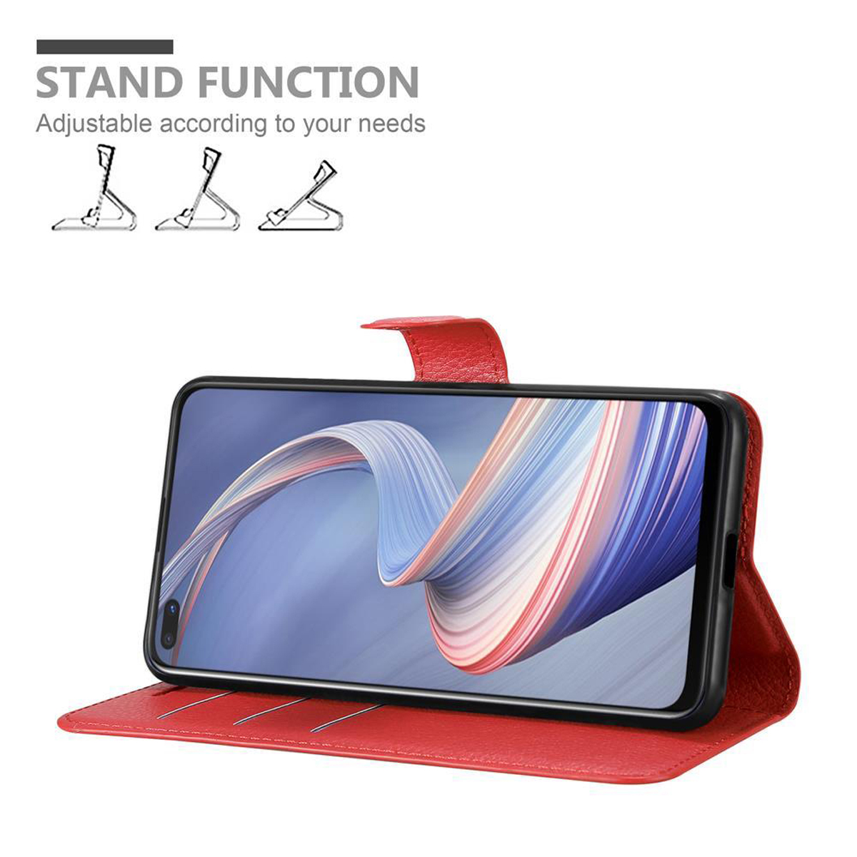 Ein Telefon in einer roten Hülle, geöffnet, um den Bildschirm anzuzeigen. Standfunktionsdiagramme befinden sich oben.
