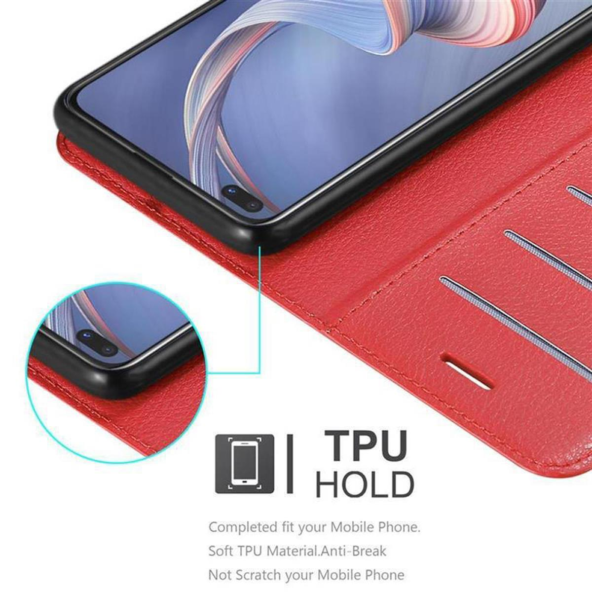 Eine rote Handyhülle mit einem schwarzen Telefon darin. Ein TPU HOLD-Etikett befindet sich in der Nähe des Telefons.