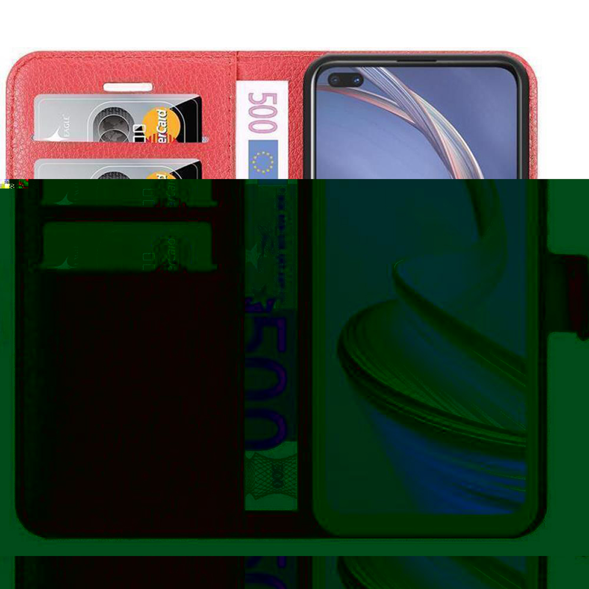 Rote Handyhülle mit Karten und Geld, und ein Telefon, das den Bildschirm anzeigt.