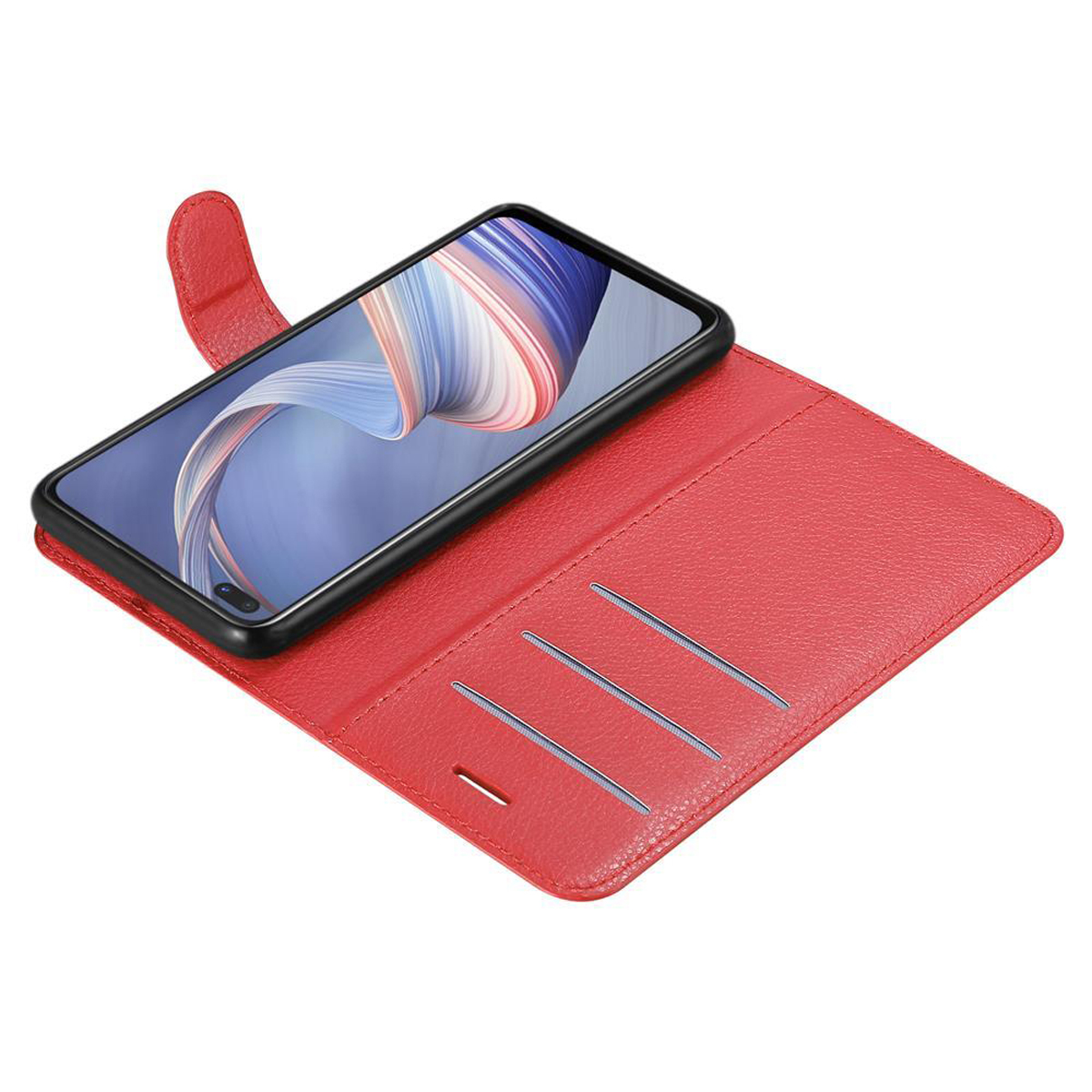 Rote Handyhülle mit Telefon. Das Telefon zeigt ein abstraktes Hintergrundbild.
