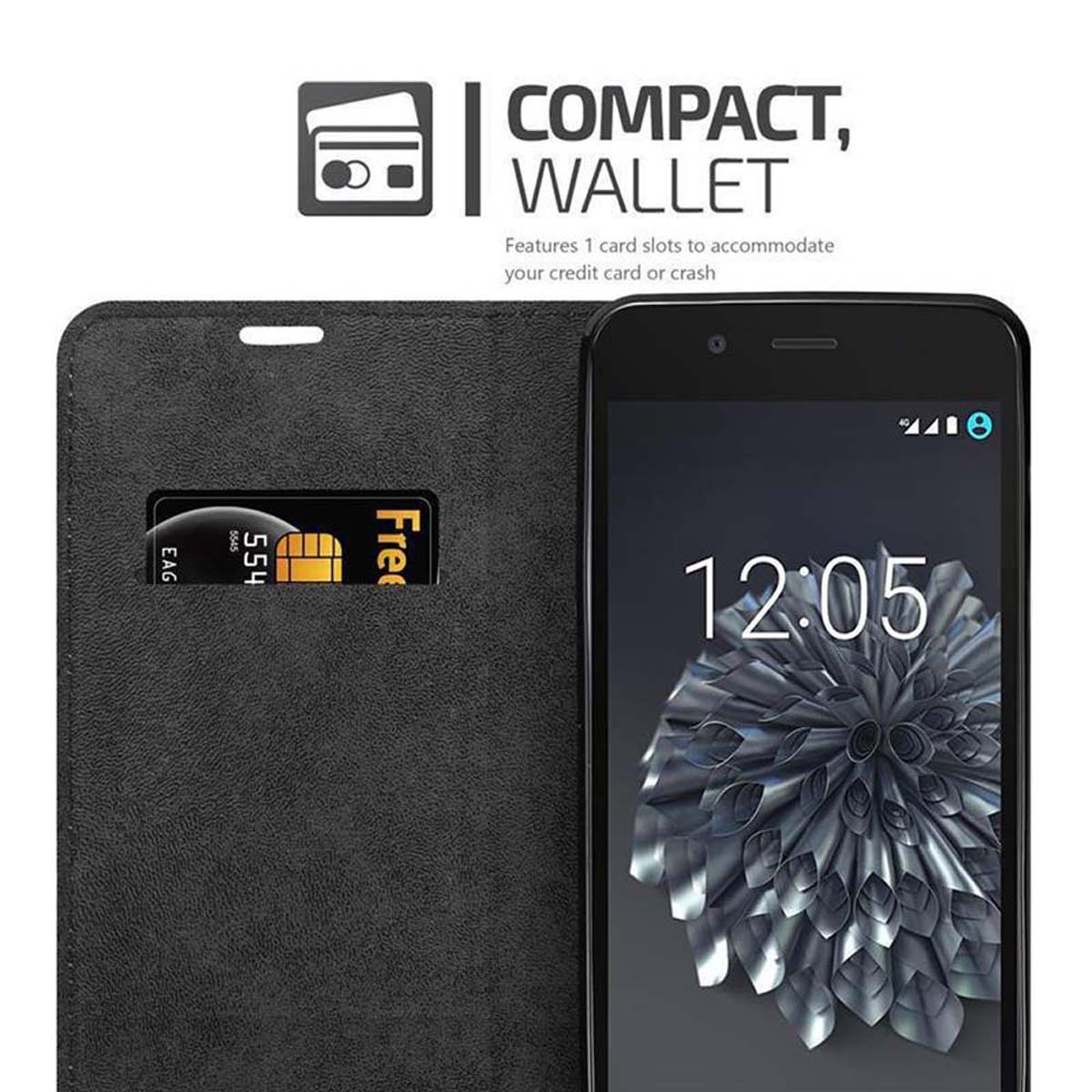 Schwarze Handyhülle mit Kartenfach, hält ein Telefon mit digitalem Blumendesign auf dem Bildschirm.