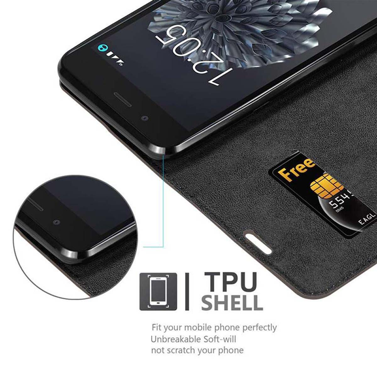 Ein Telefon in einer schwarzen Hülle. Die Hülle ist geöffnet und gibt den Bildschirm des Telefons frei. Eine SIM-Karte ist sichtbar.