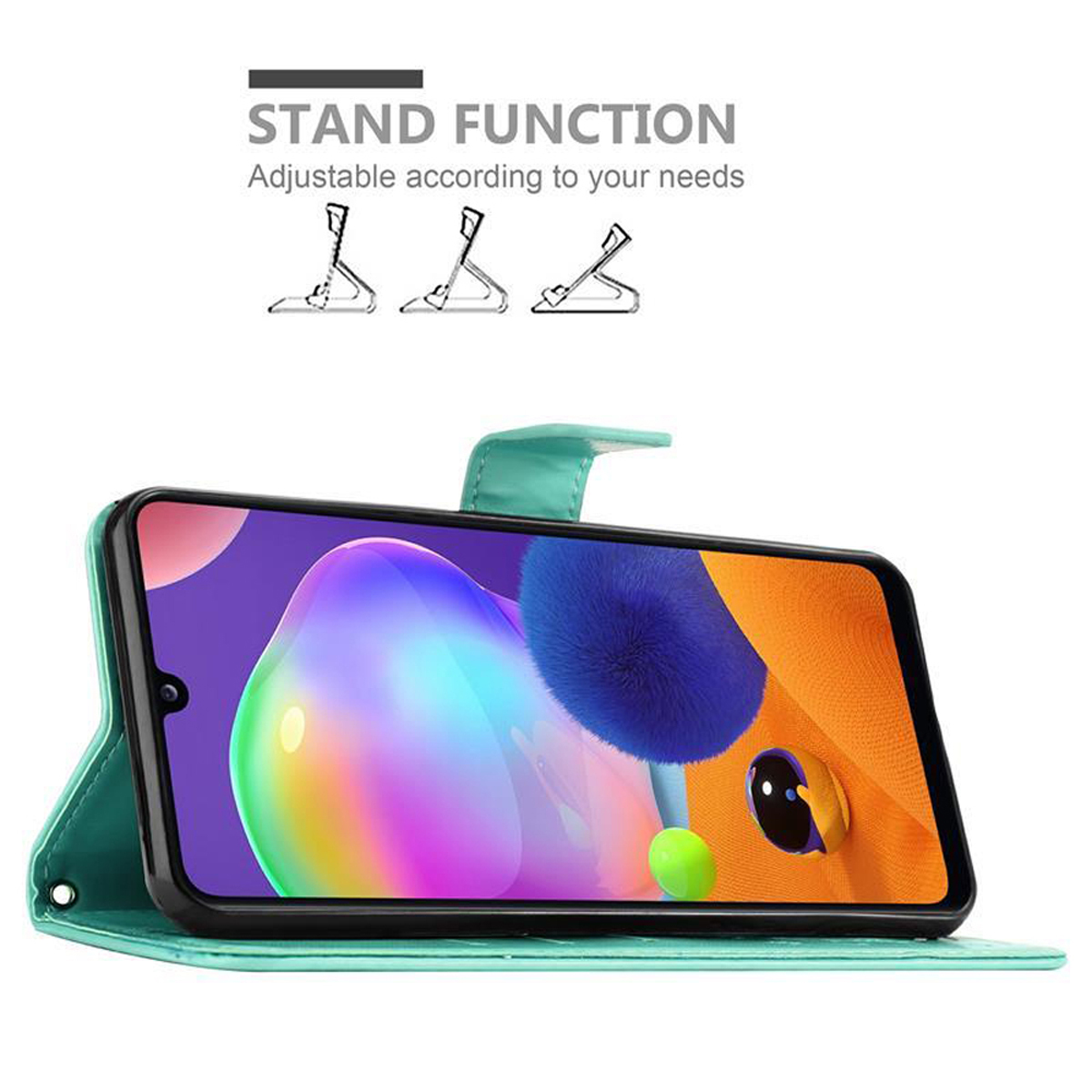 Custodia verde acqua, puntellata. Lo schermo del telefono ha uno sfondo arancione e blu.