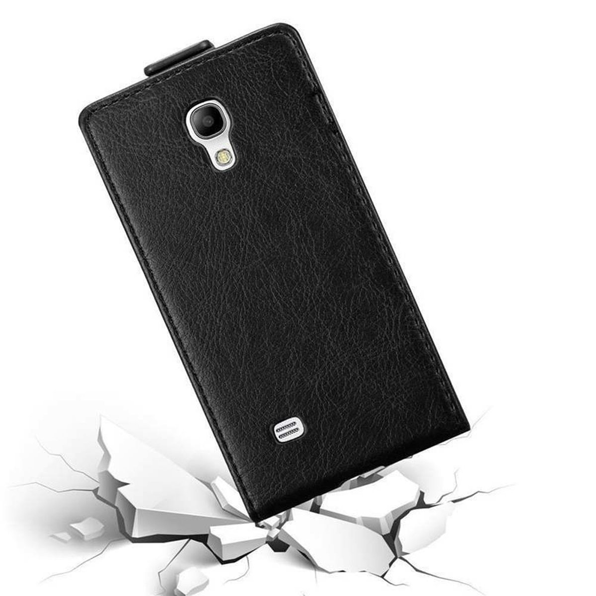 Custodia nera. La custodia è rotta in basso. Telefono dentro. Sfondo bianco.