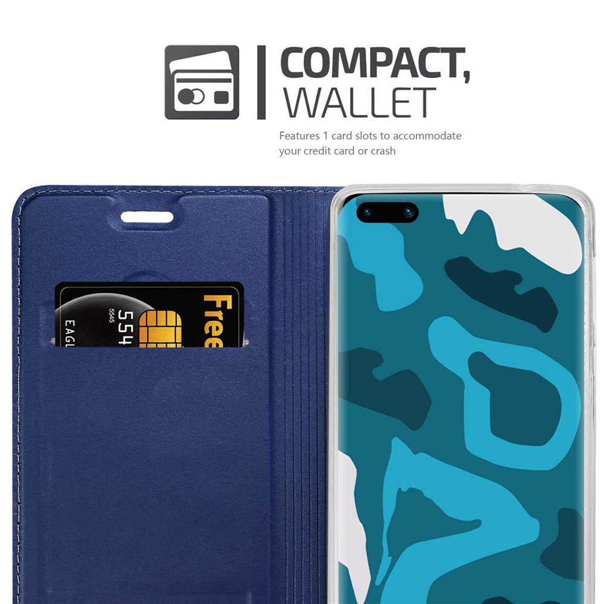 Custodia blu con slot per carte. Carta inserita e telefono con design mimetico blu.