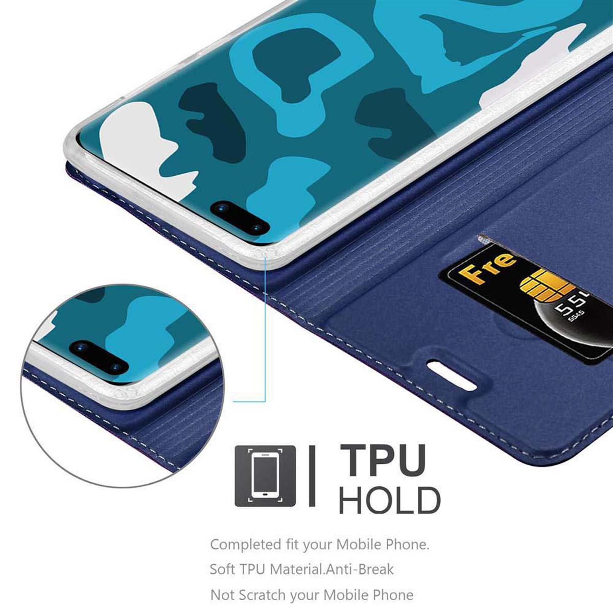 Una custodia blu per telefono con un telefono all'interno, con una carta nello slot.