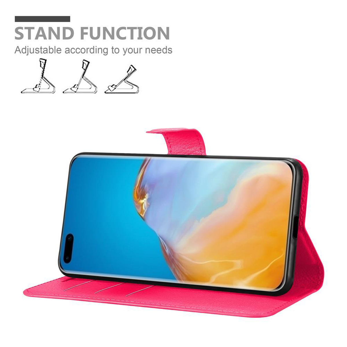 Custodia rosa per telefono su supporto con telefono, copertura rosa.