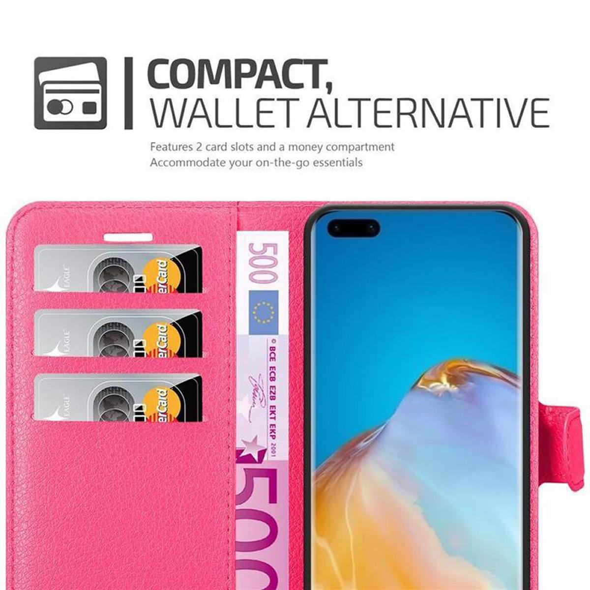 Un portafoglio rosa per telefono con carte, denaro e un telefono. Presenta un'alternativa al portafoglio con fessure e un telefono.