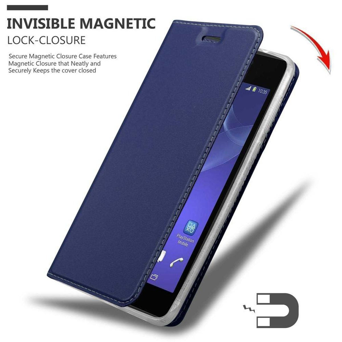 Blaue Handyhülle offen. Telefon innen. Magnetverschluss. Detail des Magnetverschlusses.
