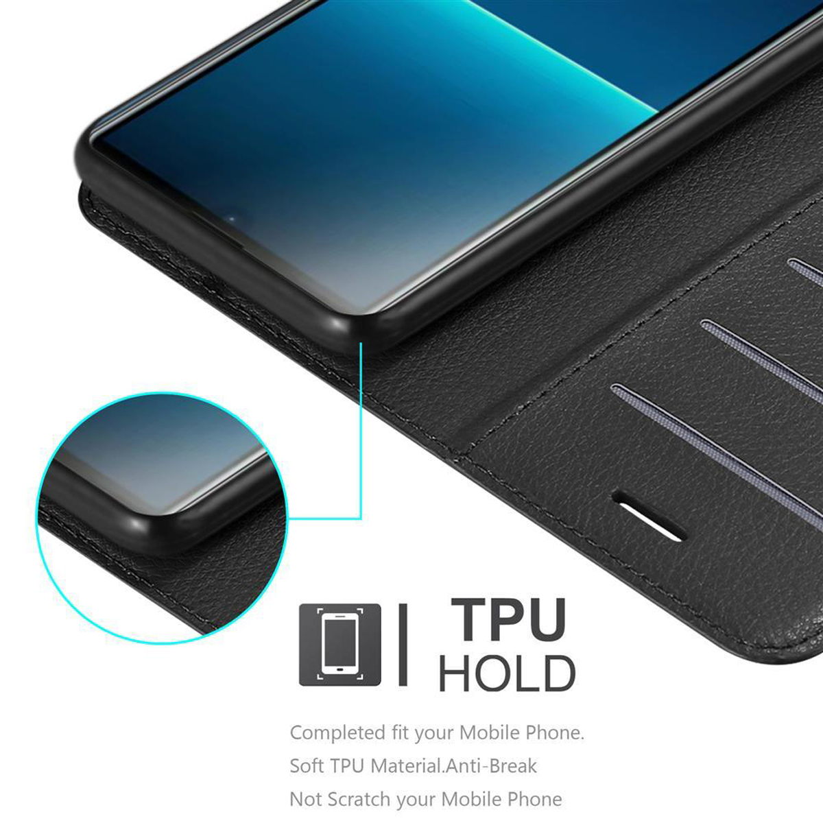 Custodia per telefono nera con schermo del telefono visibile. Testo TPU HOLD.