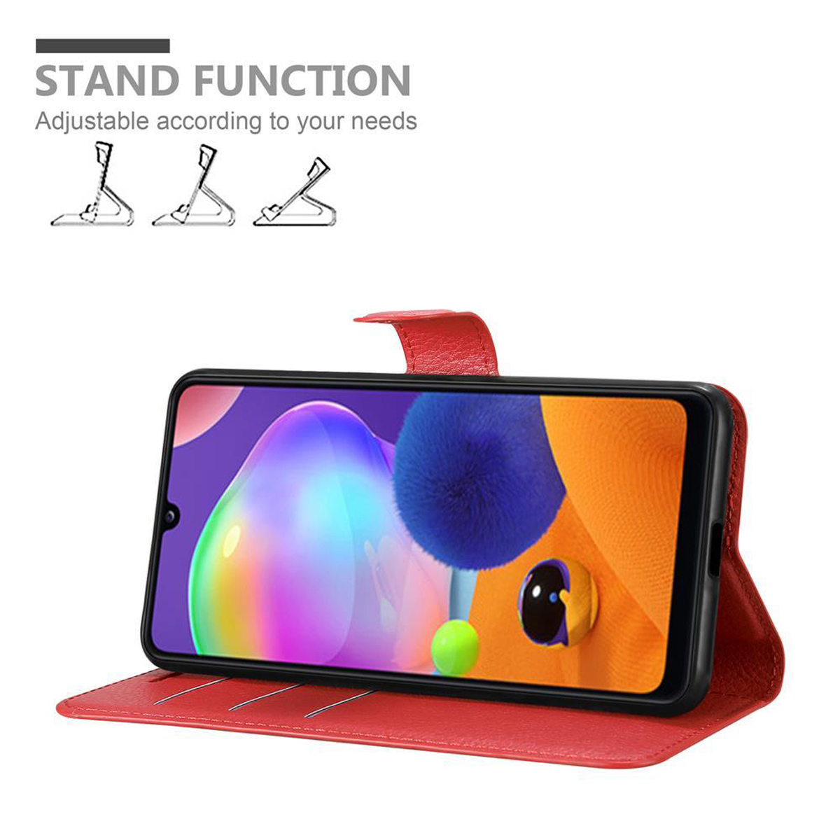Rote Handyhülle offen, Telefon zeigt buntes Bild, weißer Hintergrund, Standfunktion.