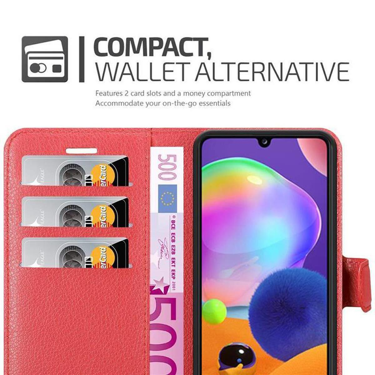 Rote Handyhülle offen, zeigt Karten, Geld und ein Telefon. Das Telefon zeigt ein blaues Design.
