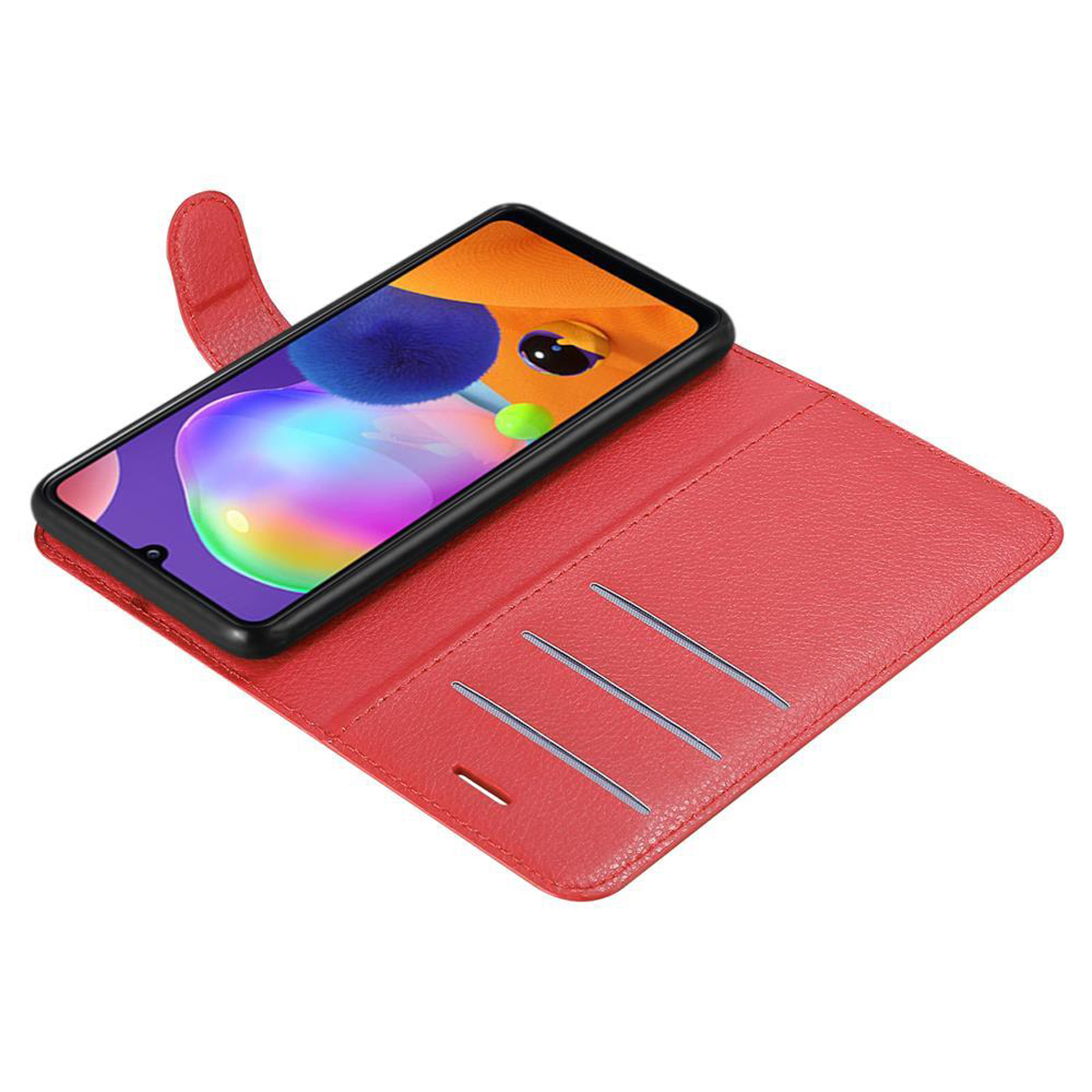 Eine rote Handyhülle offen mit einem Telefon darin. Das Telefon befindet sich in der Hülle.