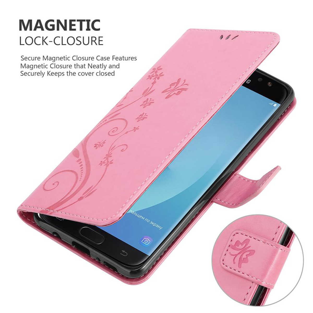 Custodia rosa con design floreale, aperta per mostrare un telefono.