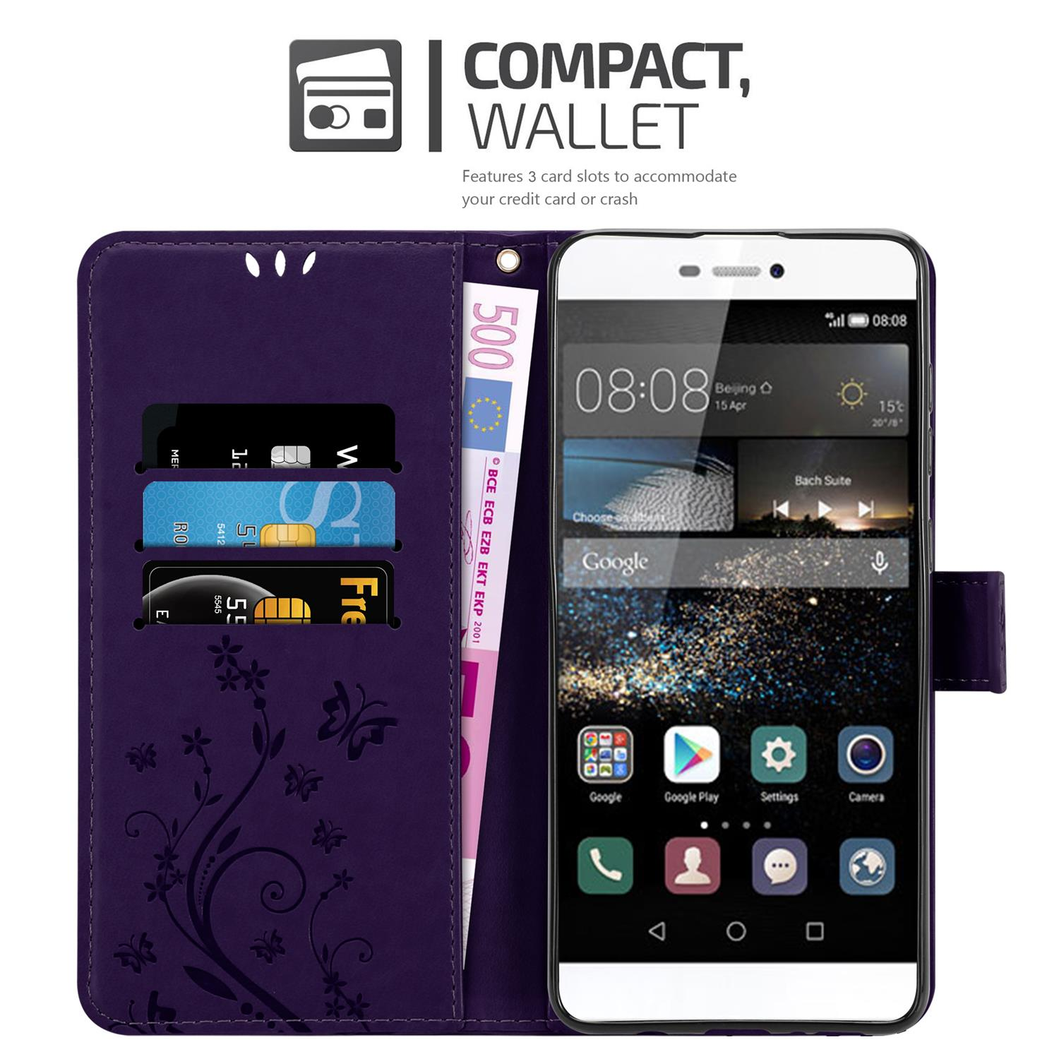 Custodia a portafoglio viola con scomparti per carte, denaro e un telefono che mostra una schermata iniziale. Design floreale sulla custodia.