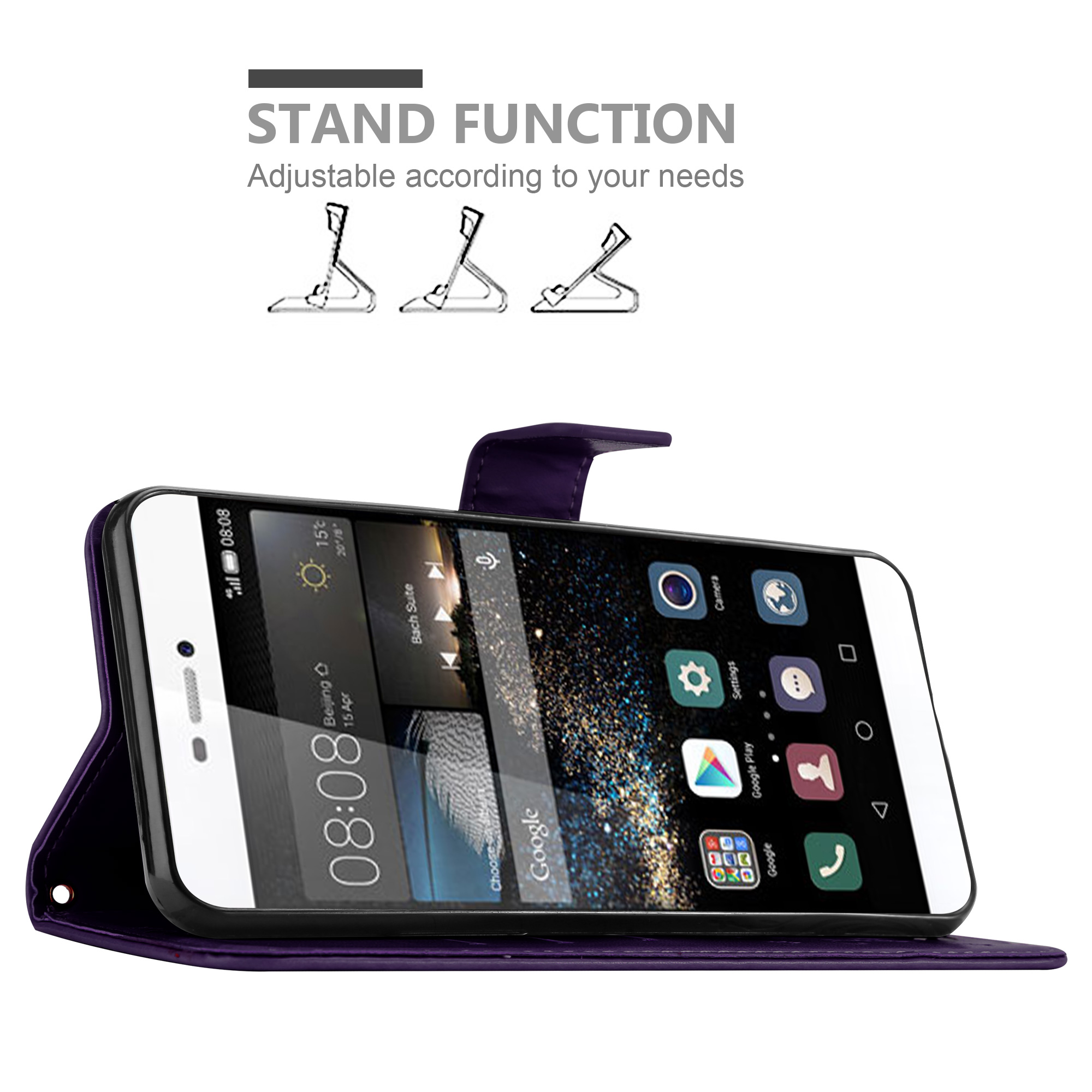 Custodia viola con telefono aperto. Funzione supporto. Mostra icone e ora.
