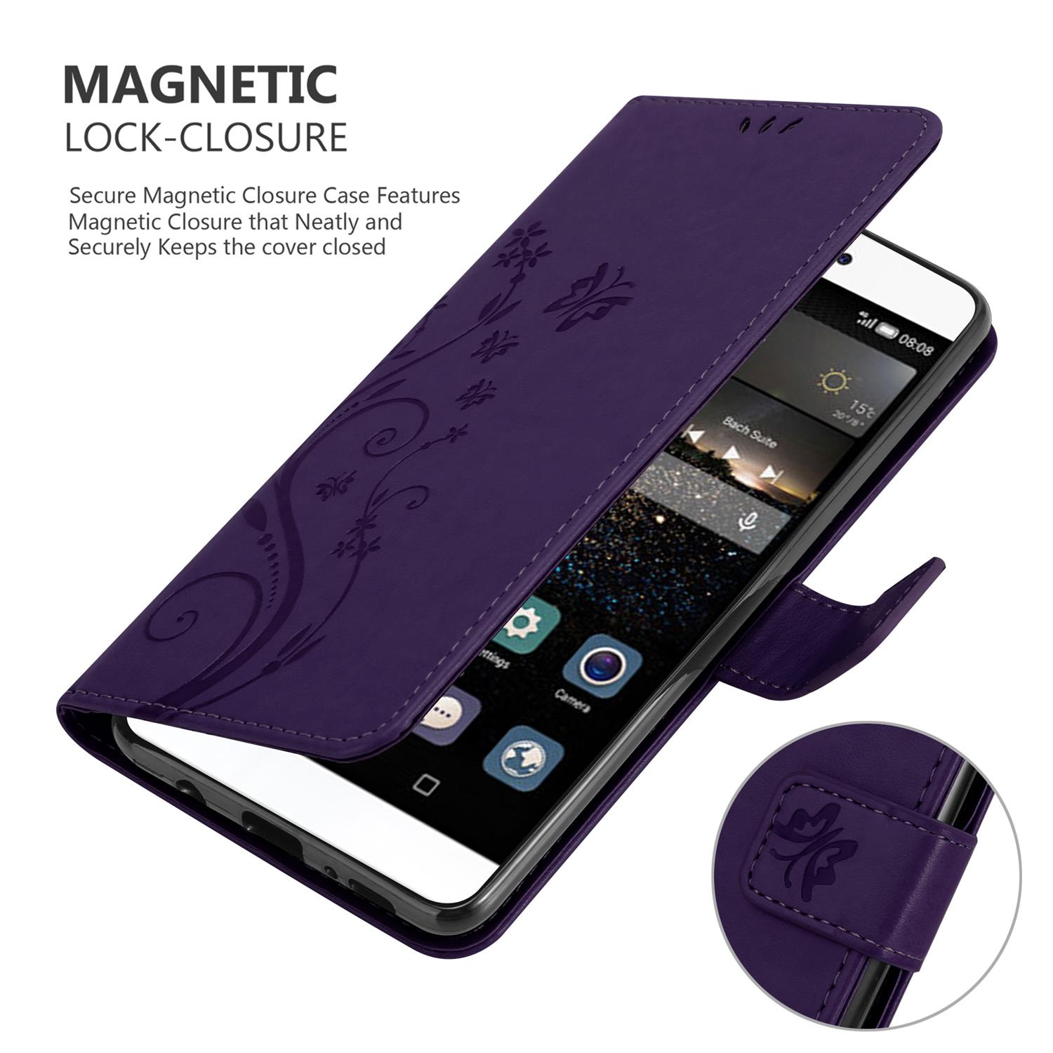 Custodia per telefono viola aperta con un telefono dentro. Design floreale e chiusura magnetica. Schermo del telefono visibile.