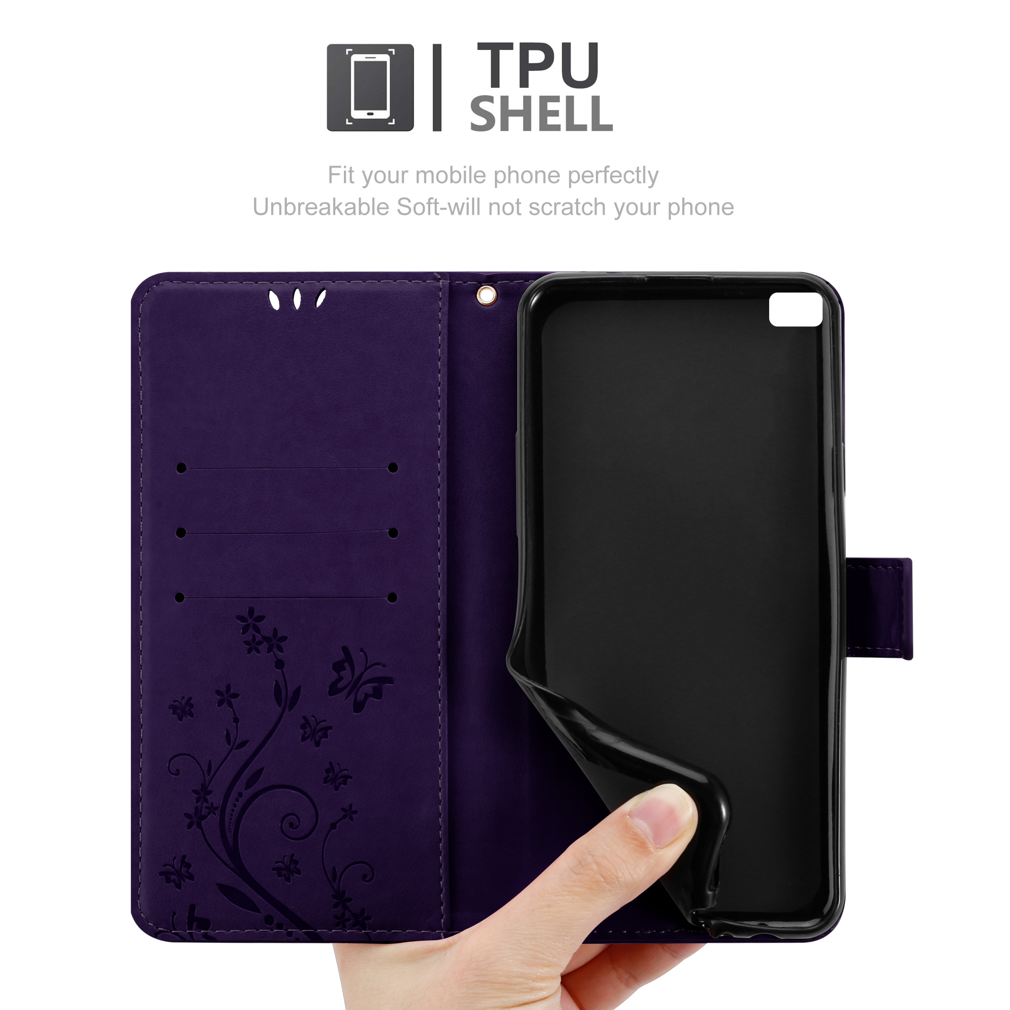 Una custodia per telefono viola è aperta, una mano tiene la custodia interna nera. La custodia ha fessure per carte e un design floreale.