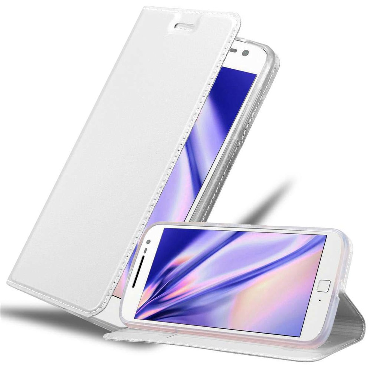 Funda de teléfono blanca con teléfono dentro, abierta. Un teléfono está dentro de la funda y el otro fuera.