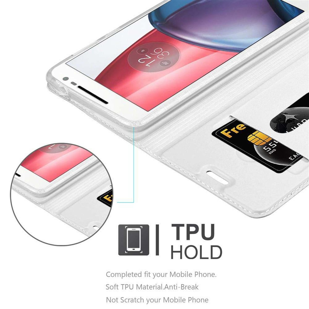 Funda de teléfono blanca con teléfono dentro. Ranuras para tarjetas de crédito visibles. Gráfico muestra TPU.