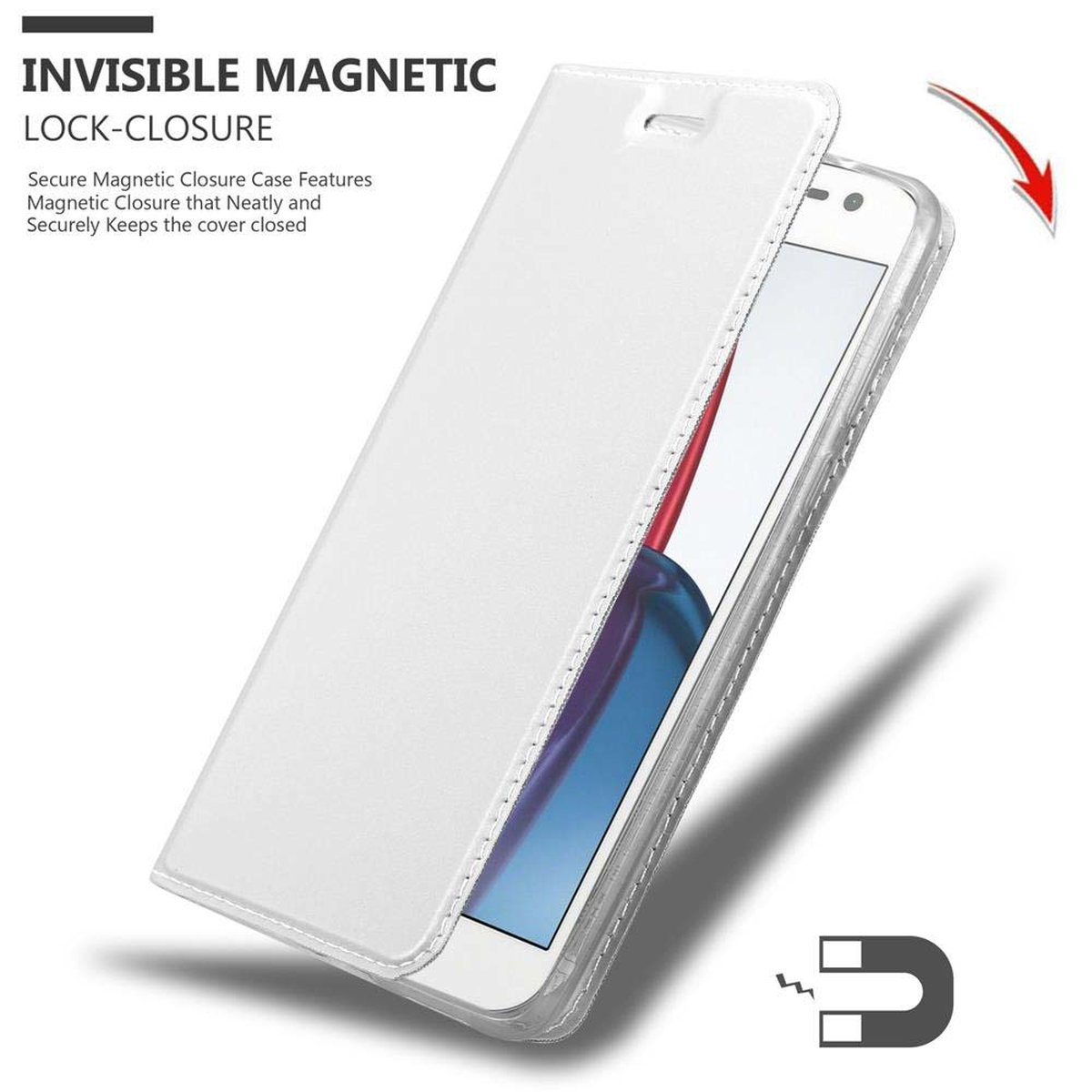 Una funda de teléfono blanca abierta para revelar un teléfono. El imán y el cierre magnético son la característica.