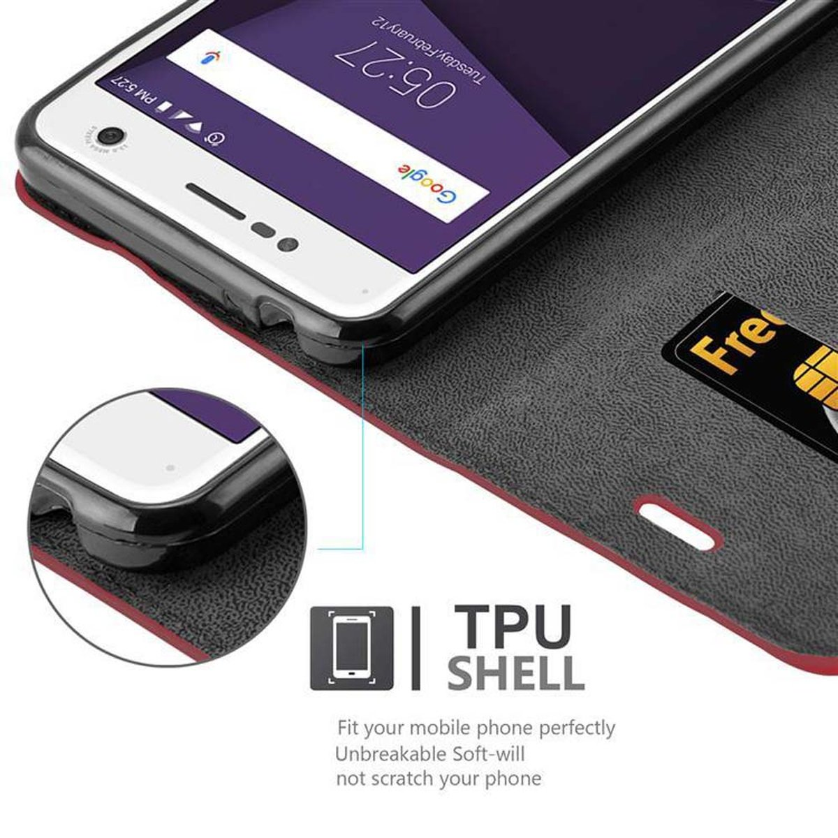 Handyhülle, offen. Telefon innen. Text: TPU SHELL. Kreditkarte sichtbar. Rotes Futter. Schwarze Außenseite.