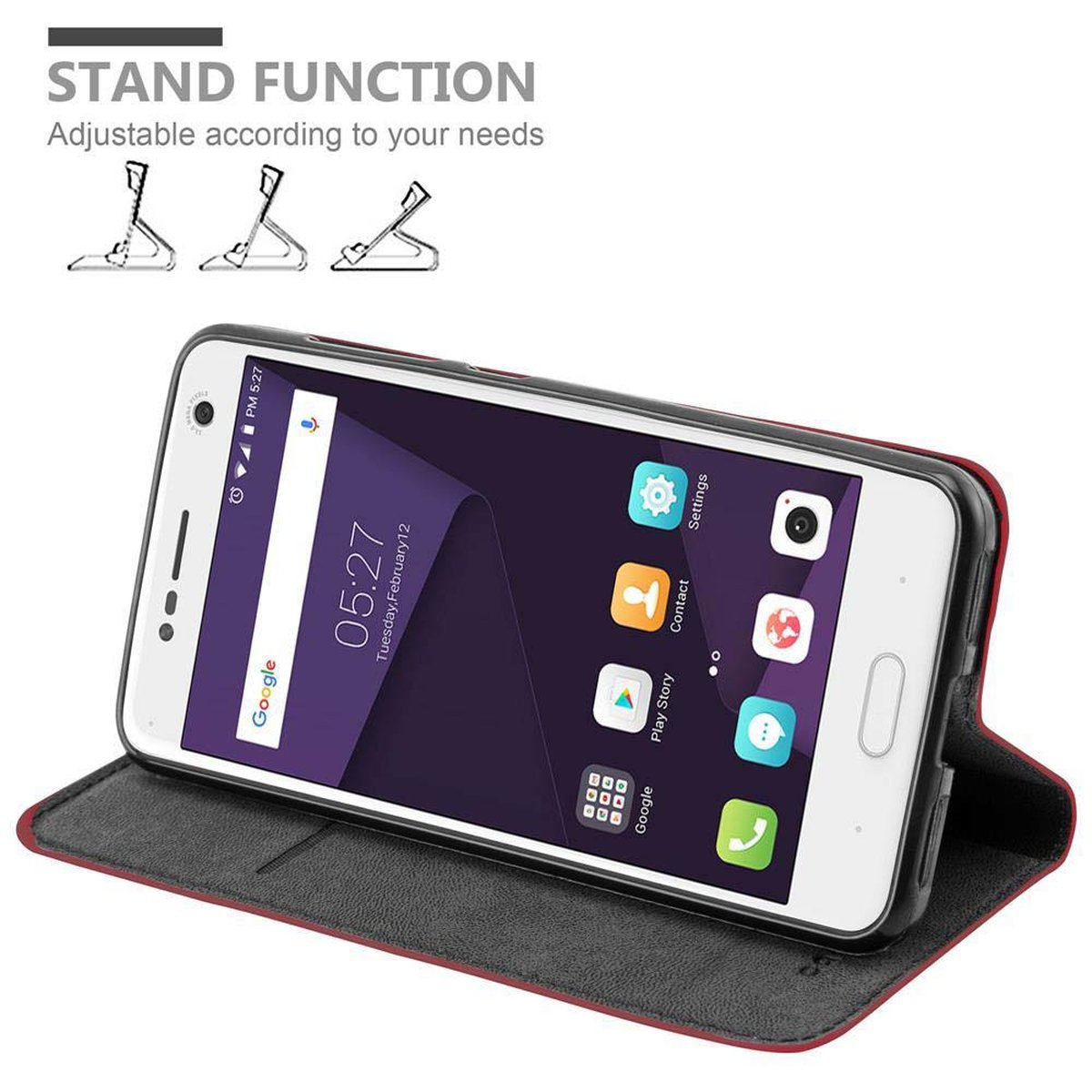 Geöffnete Handyhülle mit Telefon. Text: 'STAND FUNCTION'.