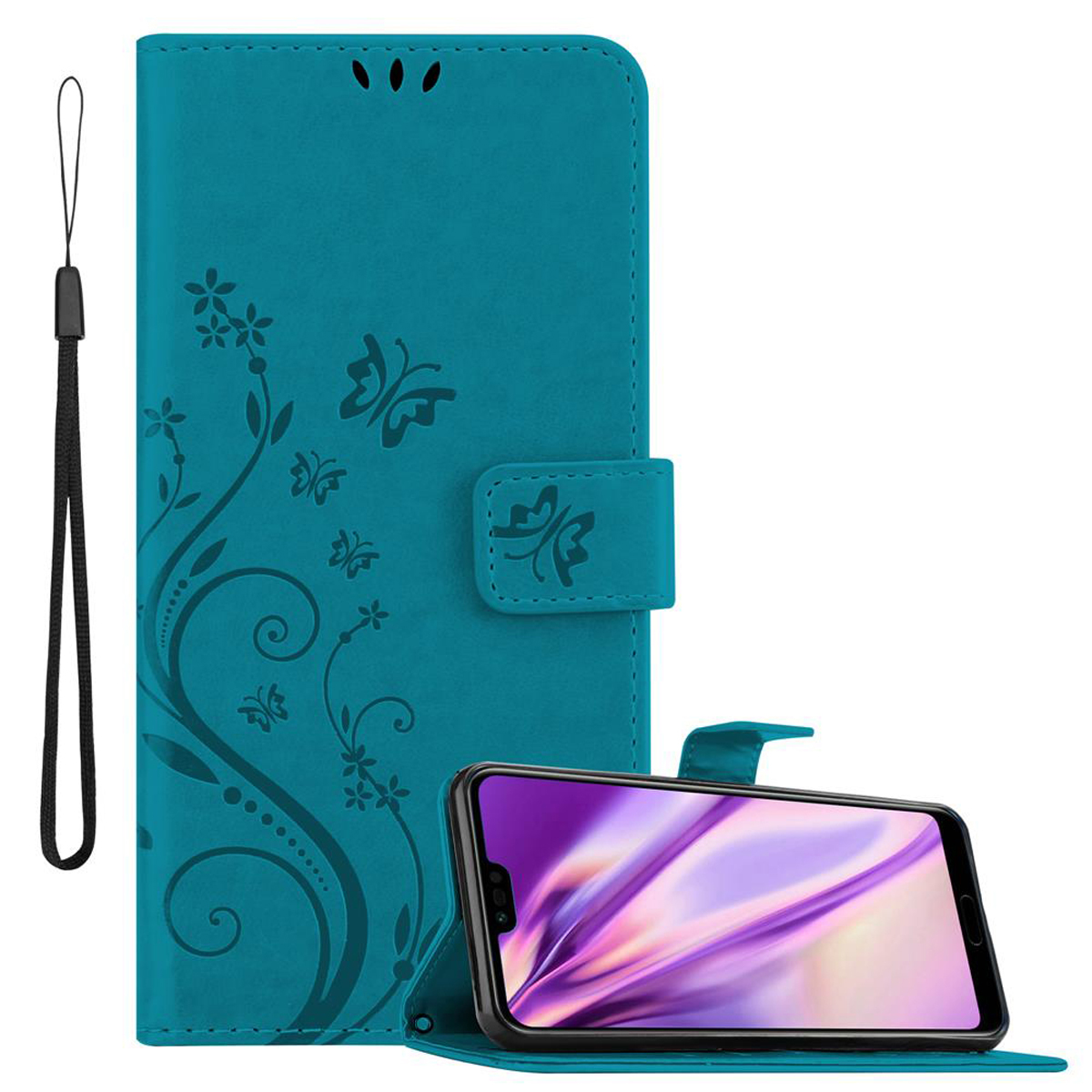 Türkisfarbene Handyhülle mit Schmetterlingsdesign. Telefon in der Hülle. Schwarze Handschlaufe. Weißer Hintergrund.