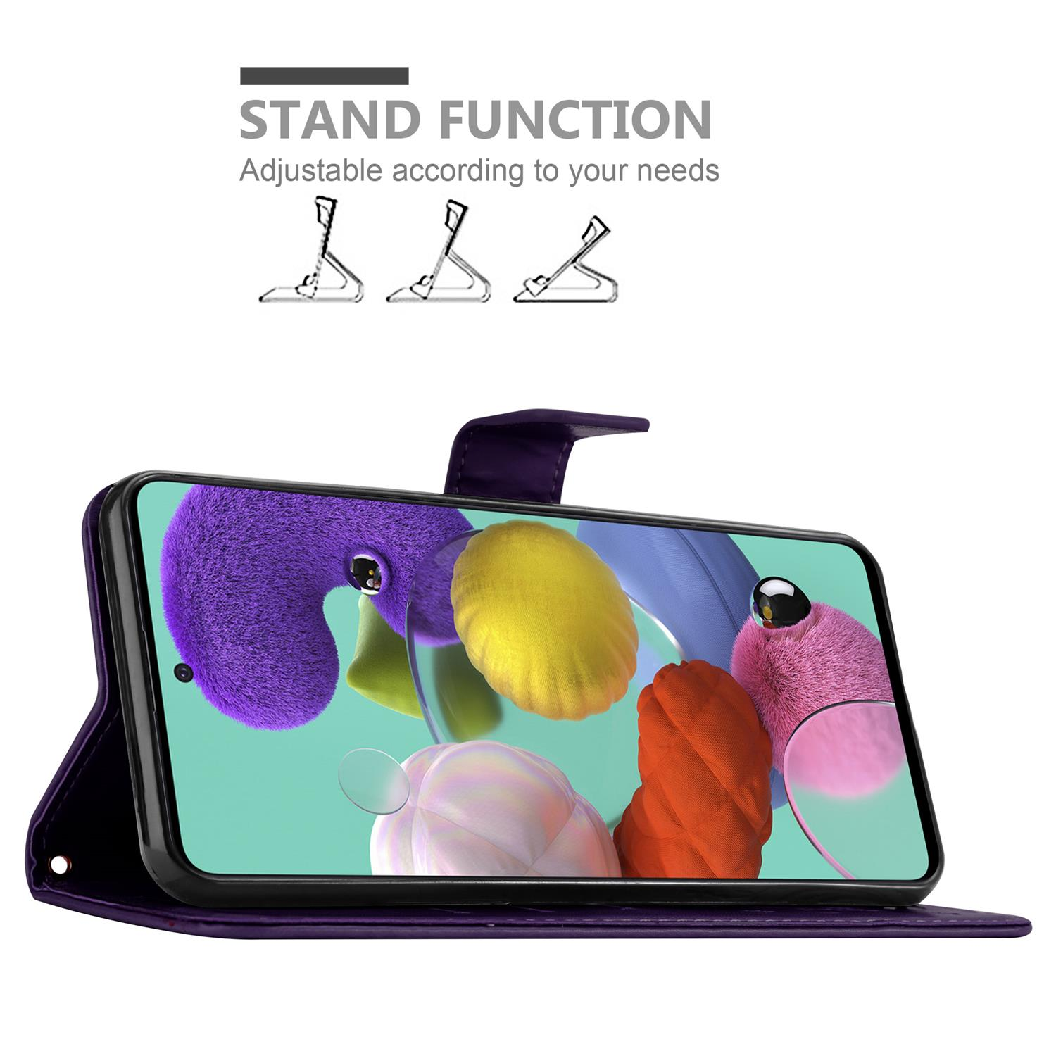 Custodia per telefono viola con telefono all'interno, mostra forme colorate sullo schermo. Illustrazione della funzione stand.
