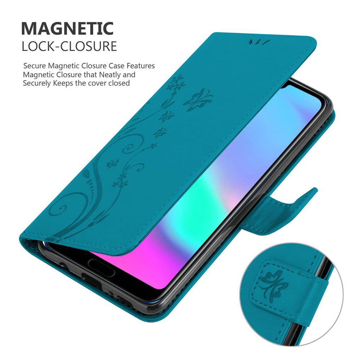 Türkisfarbene Handyhülle mit Blumendesign, offen, zeigt ein Telefon. Details des Magnetverschlusses.