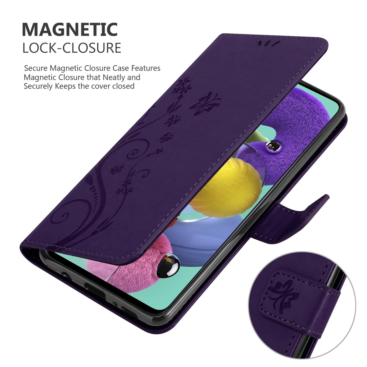 Custodia viola per telefono con telefono. Ha un design floreale e una chiusura magnetica. La custodia è aperta.