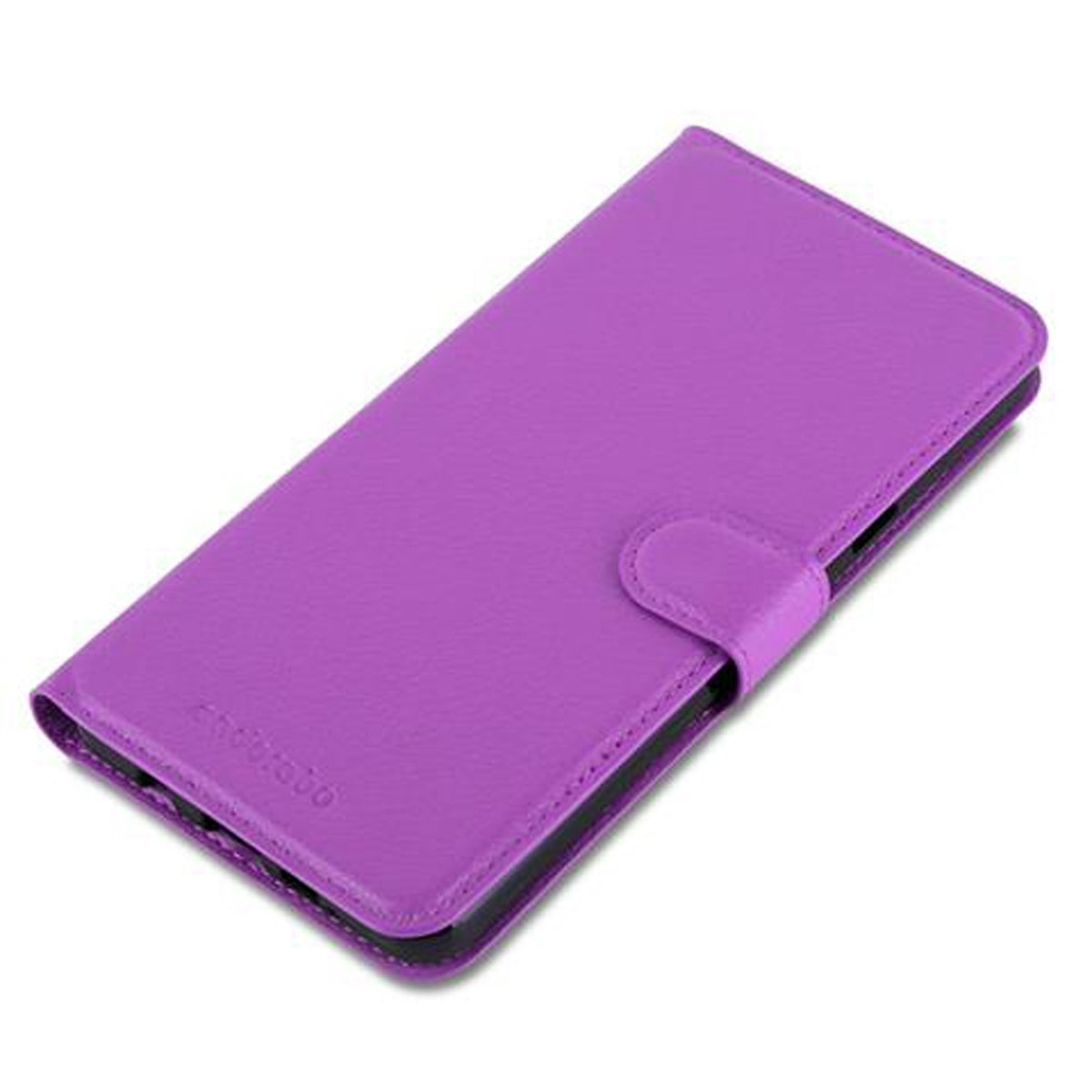 Custodia per telefono viola con chiusura a bottone. Il marchio è stampato in basso.