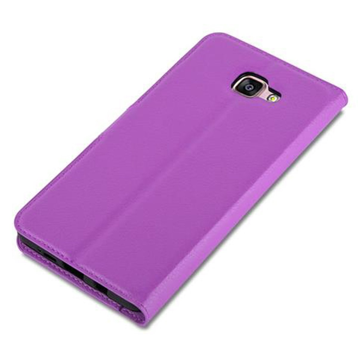 Custodia per telefono viola. La custodia è a libro. Il telefono ha una fotocamera.