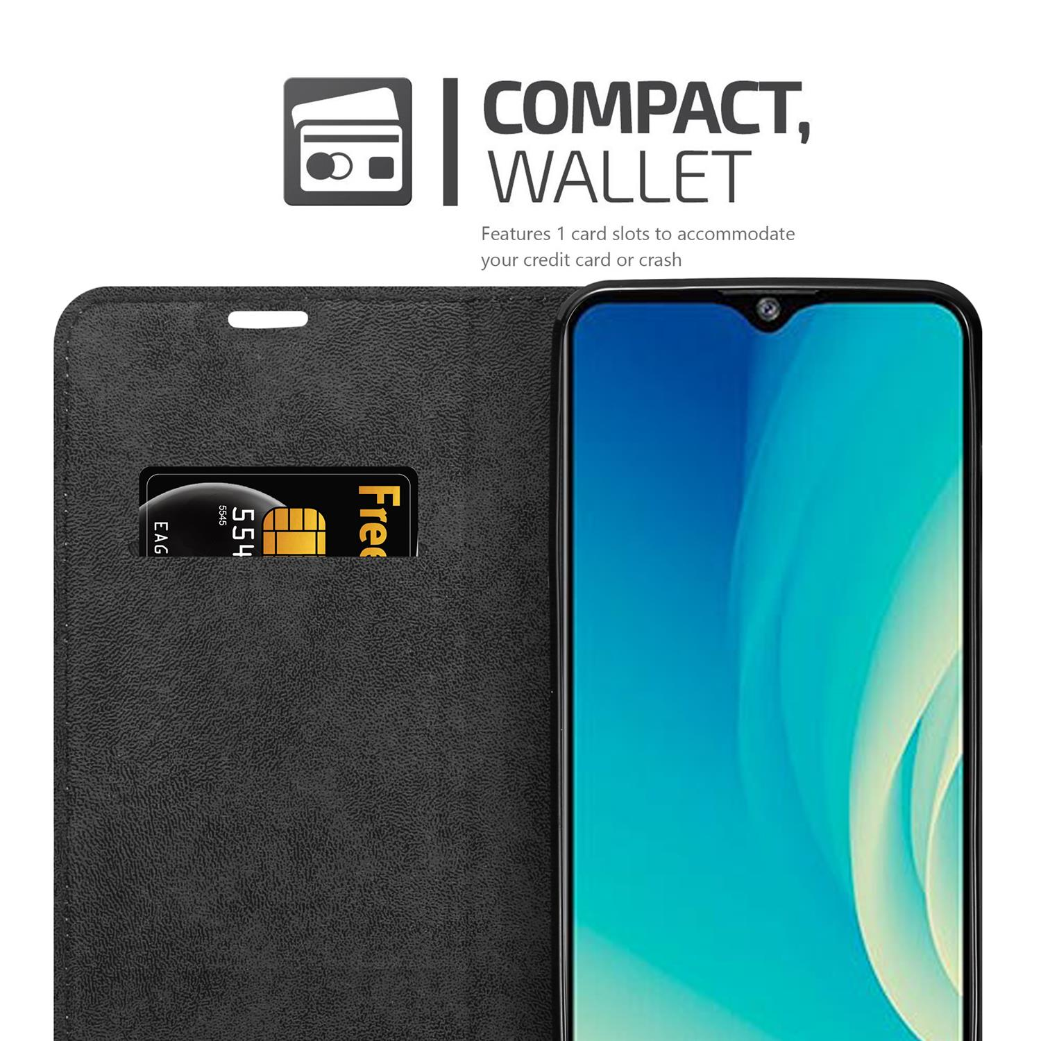 Custodia per telefono nera, con uno slot per carte contenente una carta di credito.