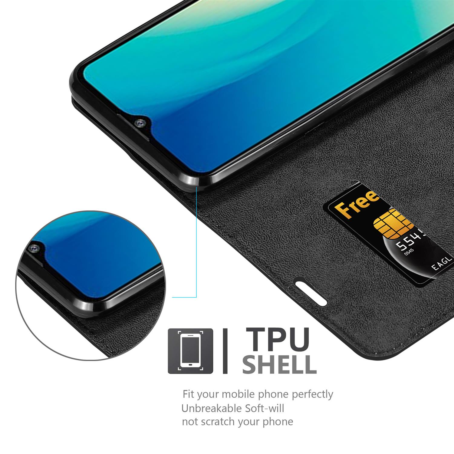 Custodia per telefono nera con carta e telefono all'interno. La carta dice "Gratis". Ha un guscio in TPU.