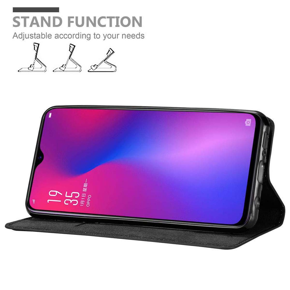 Custodia nera con telefono che mostra l'ora. Funzione stand con opzioni regolabili.