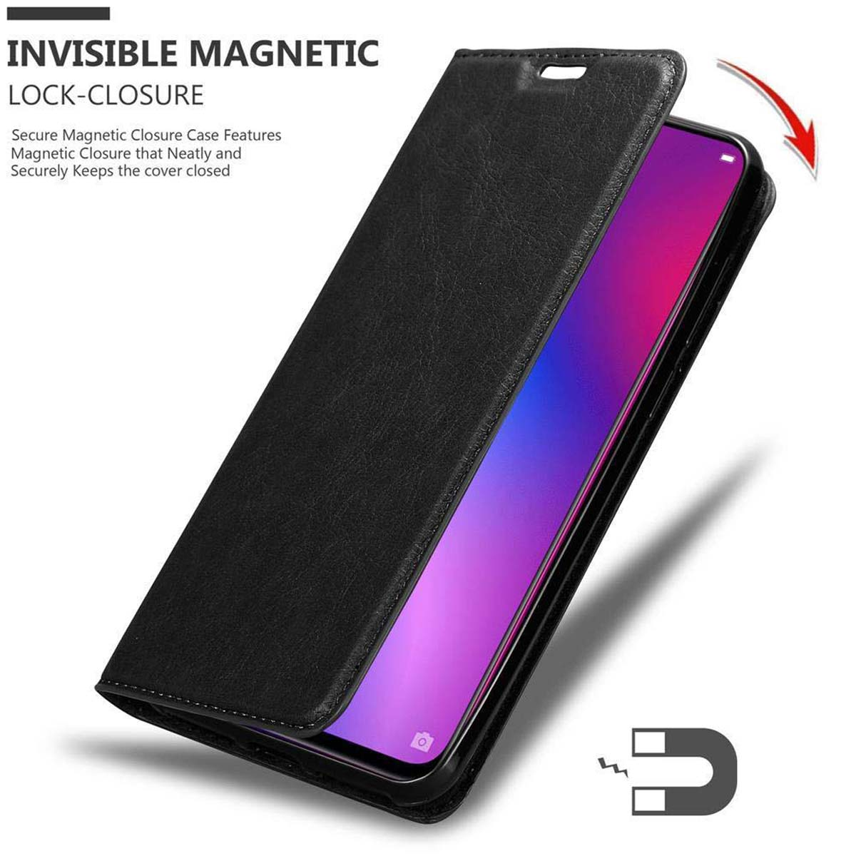 Custodia per telefono in pelle nera, aperta, che mostra un telefono. Testo: Chiusura magnetica invisibile.