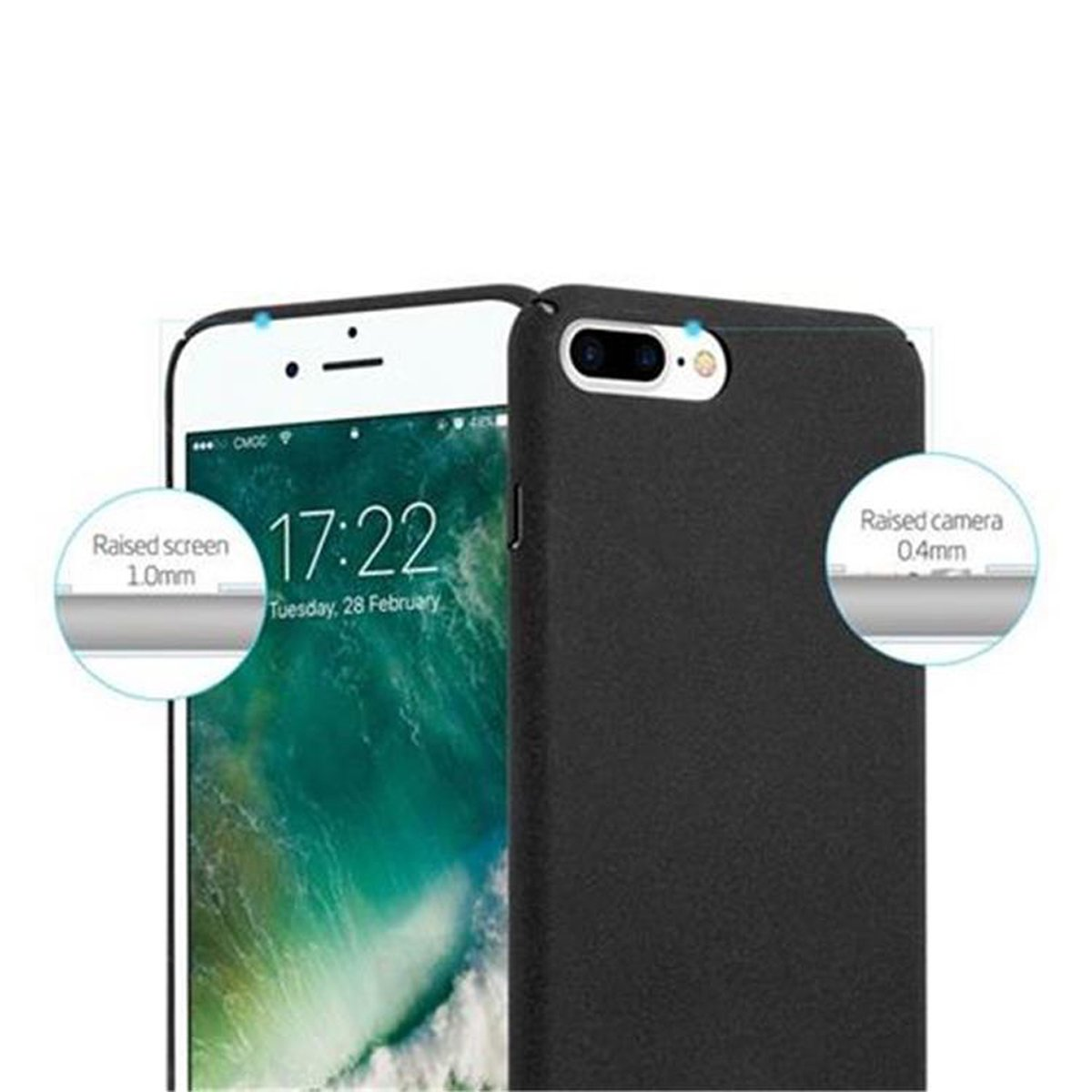 Due telefoni, bianco e nero. I dettagli dello schermo e della fotocamera rialzati sono evidenziati con cerchi.