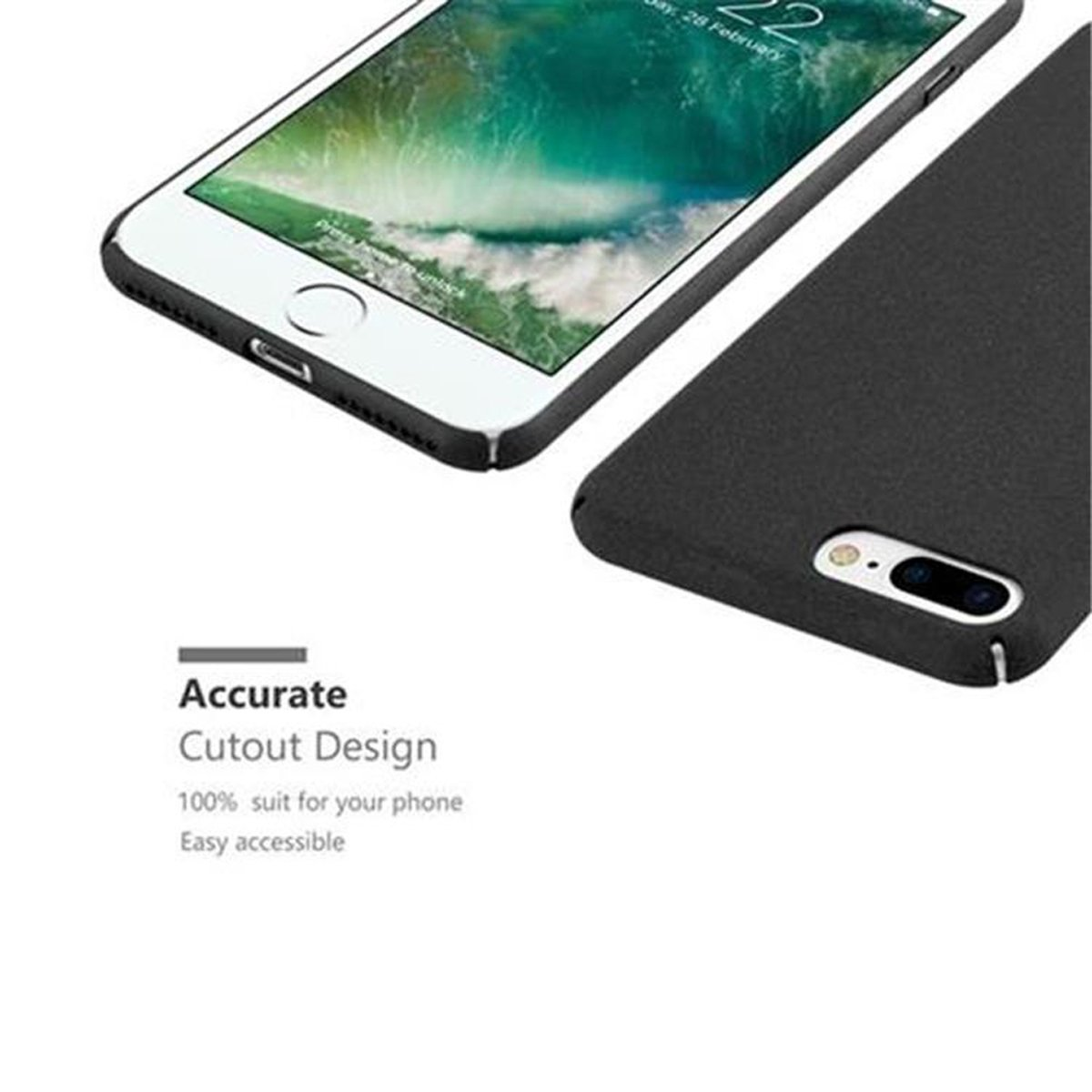 Due telefoni, uno in alto con lo schermo acceso, l'altro è una custodia nera. Il testo recita 'Accurate Cutout Design'.