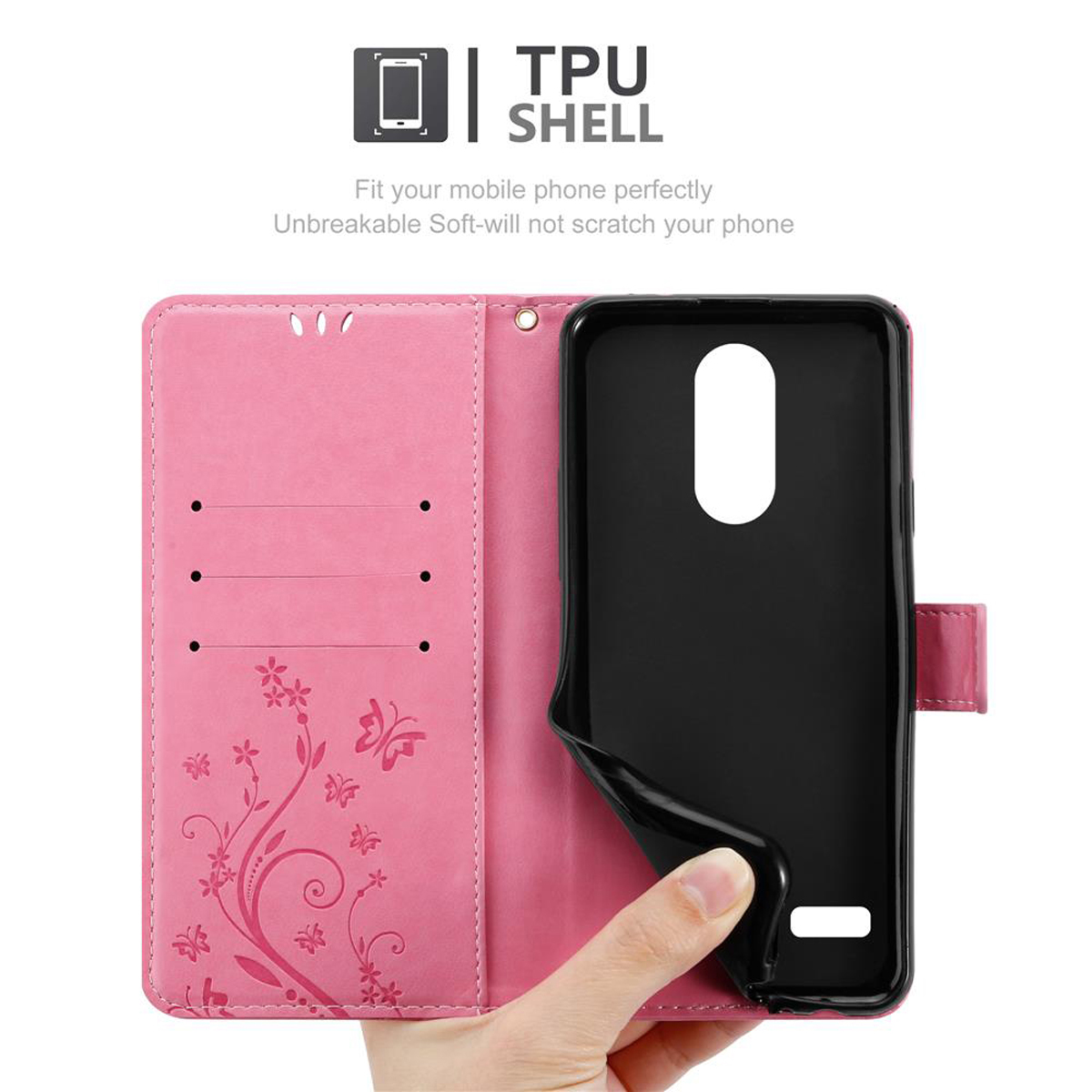 Custodia per telefono rosa con un telefono nero all'interno. Una mano tiene aperta la custodia del telefono.