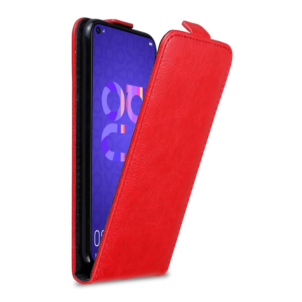 Rote Handyhülle, offen. Telefon im Inneren. Die Handyhülle ist lederartig.
