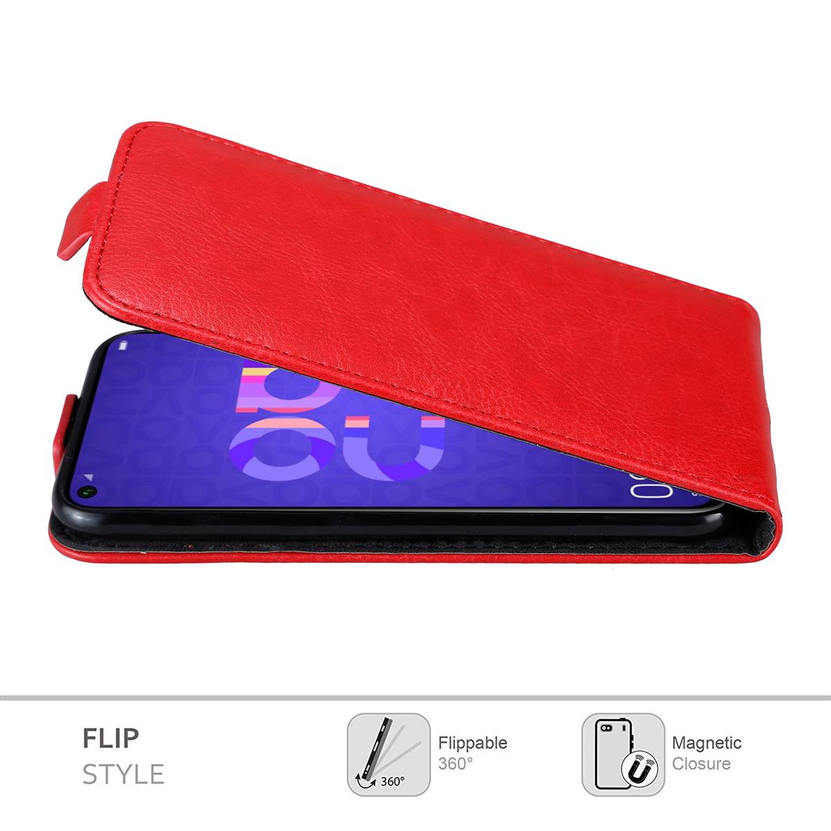 Rote, umklappbare Handyhülle mit Telefon. Zeigt Flip-Style und Magnetverschluss.