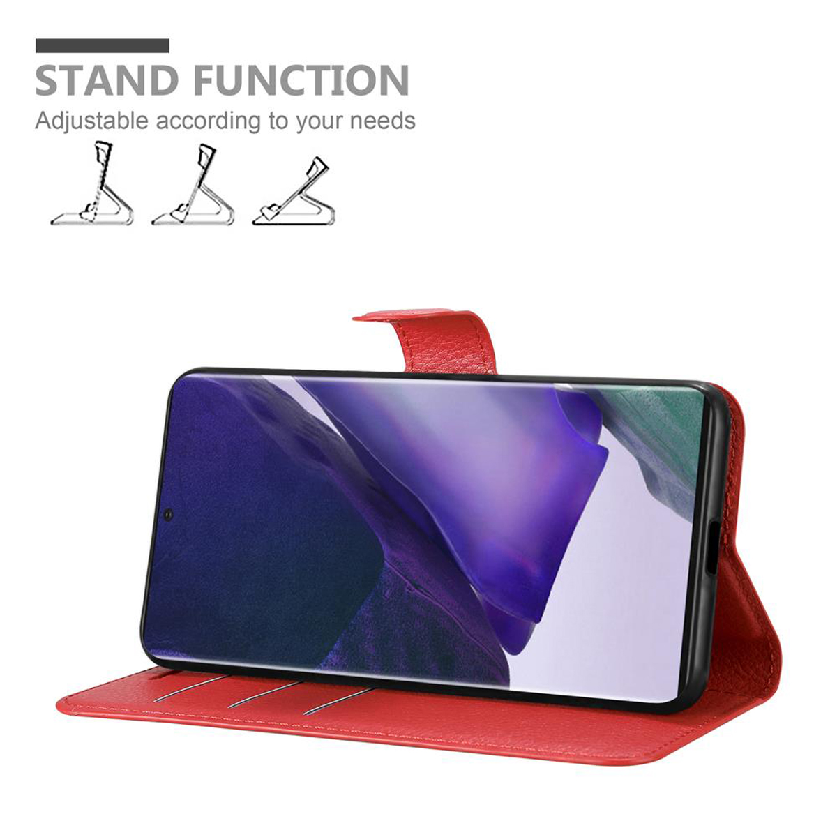Rote Handyhülle offen, mit aufrechtem Telefon. Standfunktion. Rote Hülle.