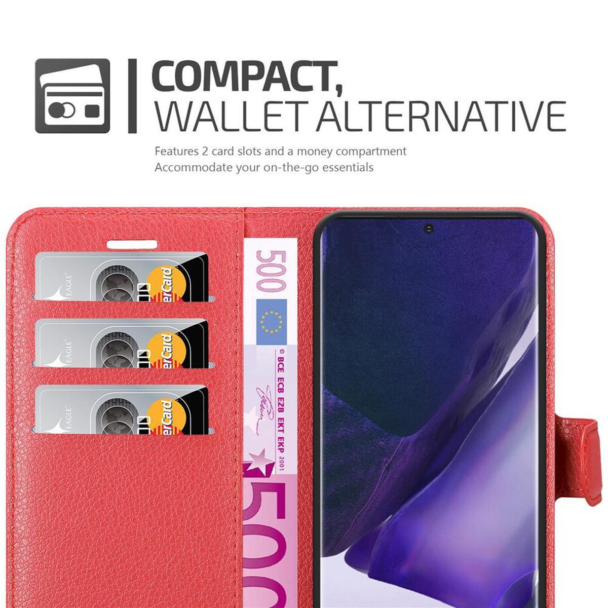 Eine rote Brieftaschentasche ist geöffnet und zeigt Kartenfächer, Geld und ein Telefon. Die Tasche hat Kartenfächer.