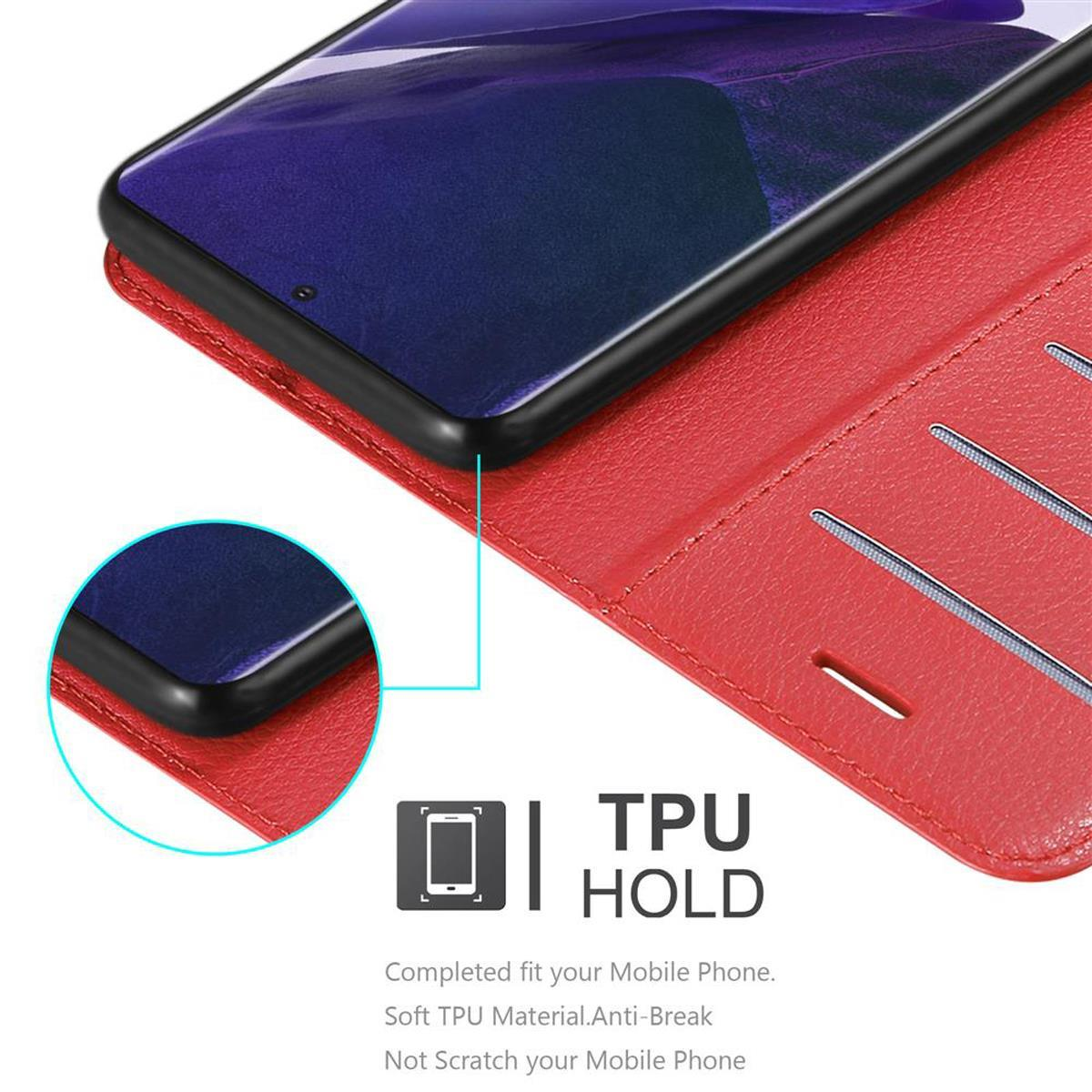 Rote TPU-Handyhülle mit einem schwarzen Telefon. Die Hülle hat Kartenfächer. Das Telefon ist sichtbar.